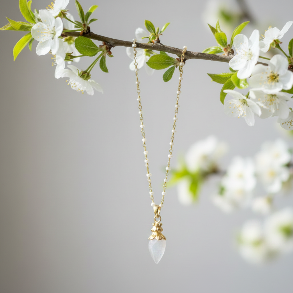 Sweet White Moonstone Pendulum Pendant On Pearl Rosary