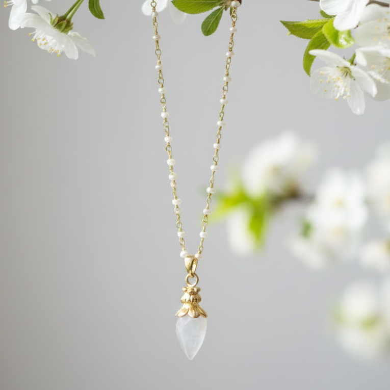 Sweet White Moonstone Pendulum Pendant On Pearl Rosary
