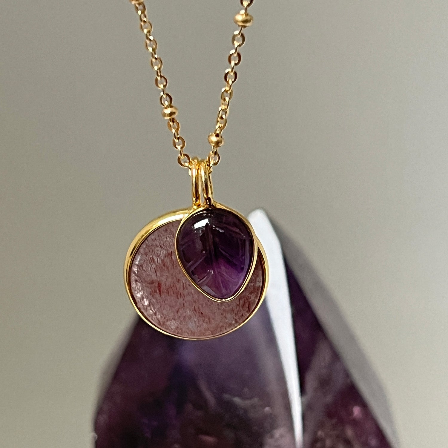 Duo Harmony Strawberry Quartz & Amethyst Pendant On Long Satellite Chain