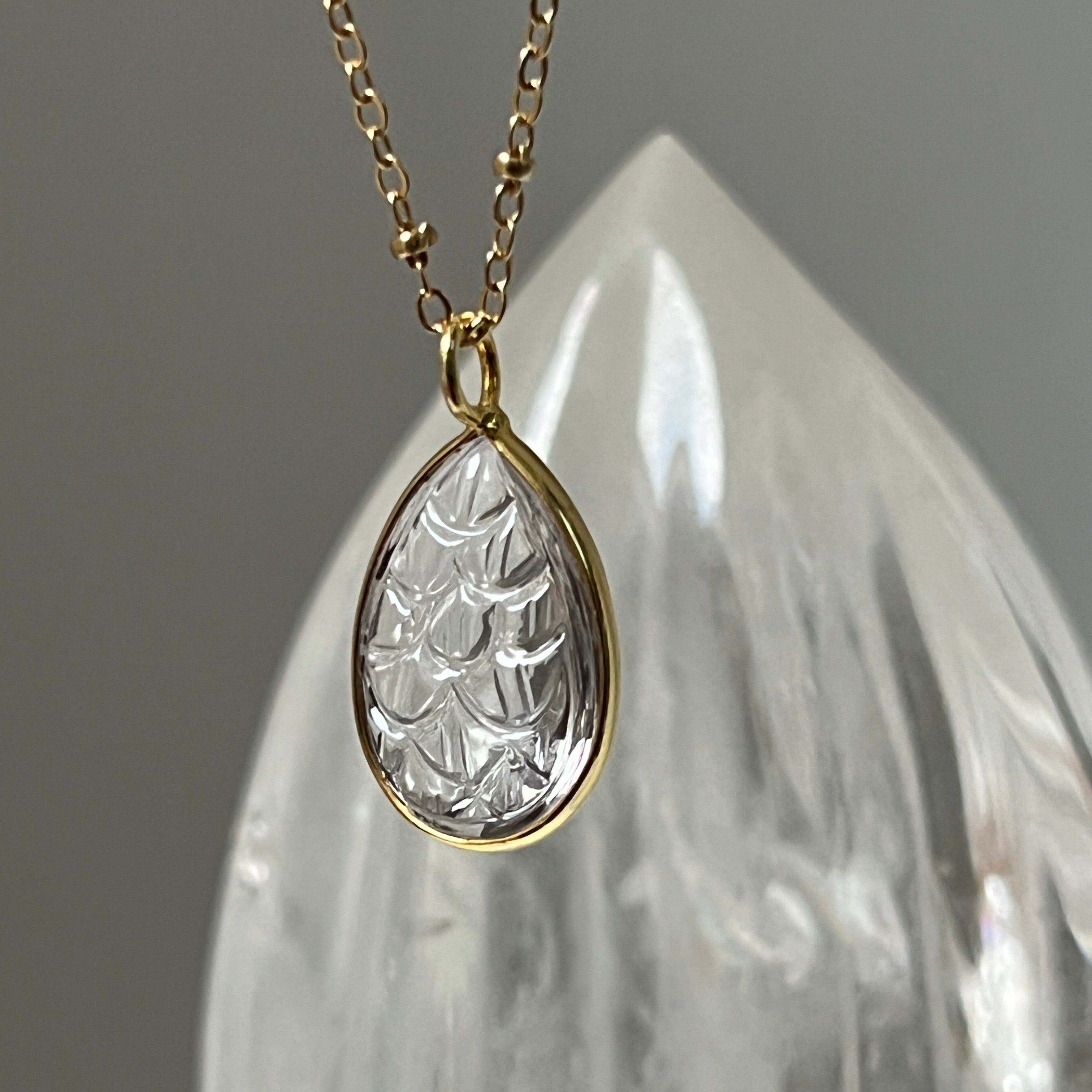 Carved Rock Quartz Drop Pendant on Long Satellite Chain