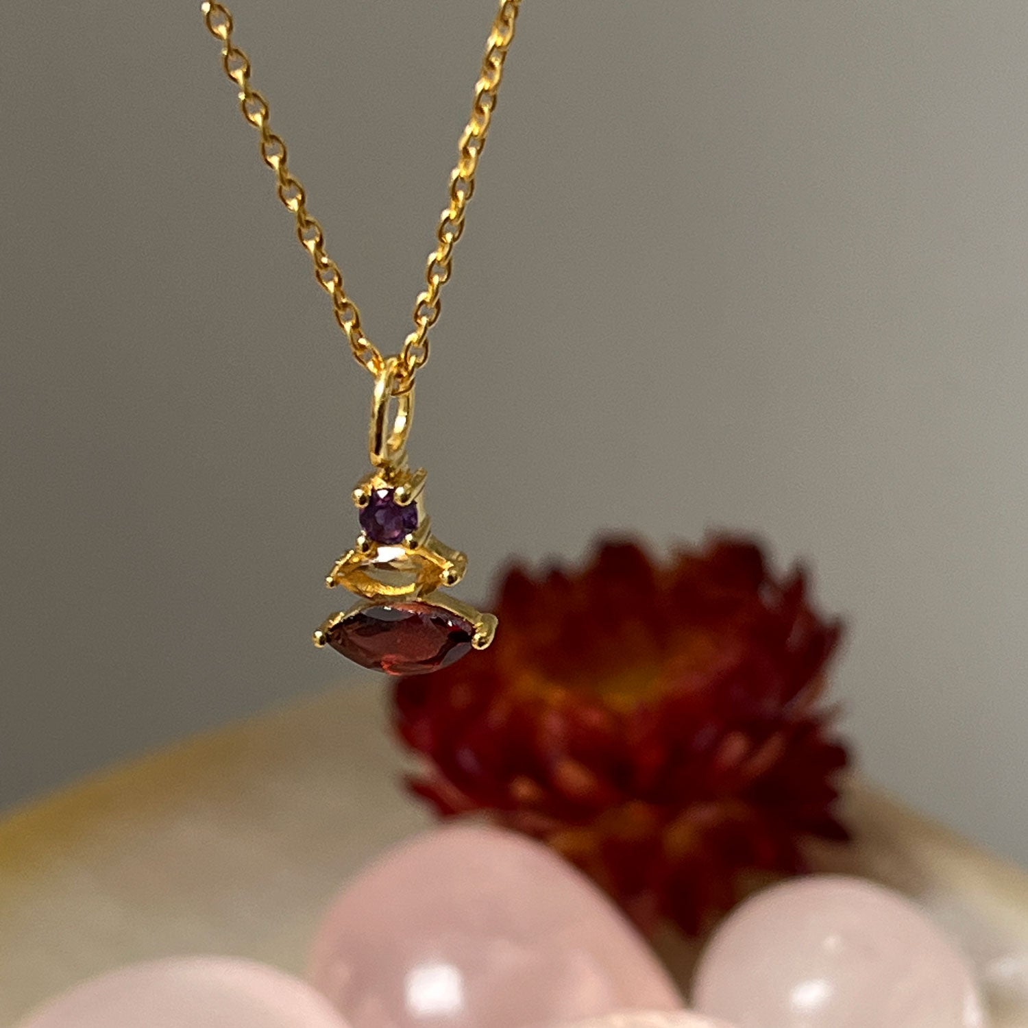 Trinity Garnet, Citrine & Amethyst on Short Cable Chain