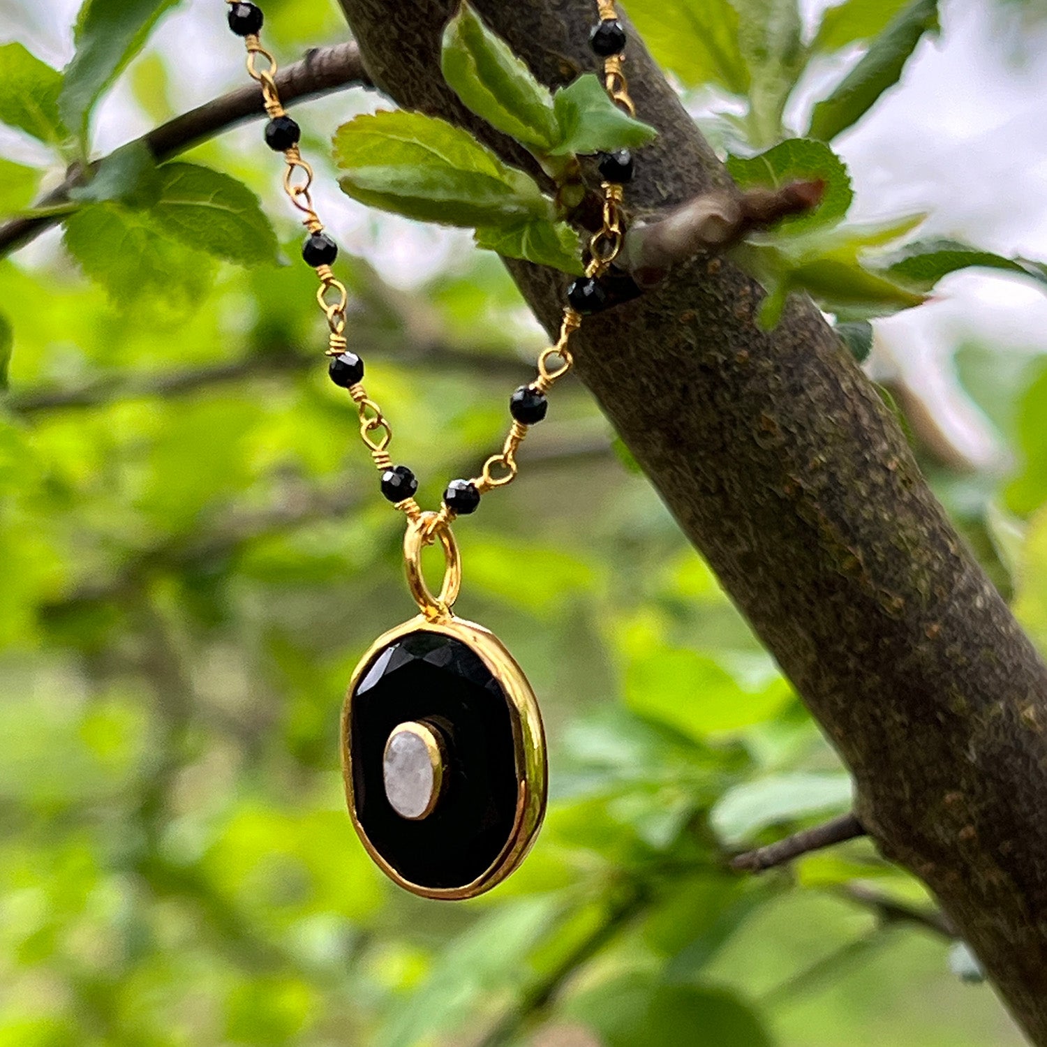 Victoria Pendant With Black Onyx & Rainbow Moonstone On Long Black Onyx Rosary
