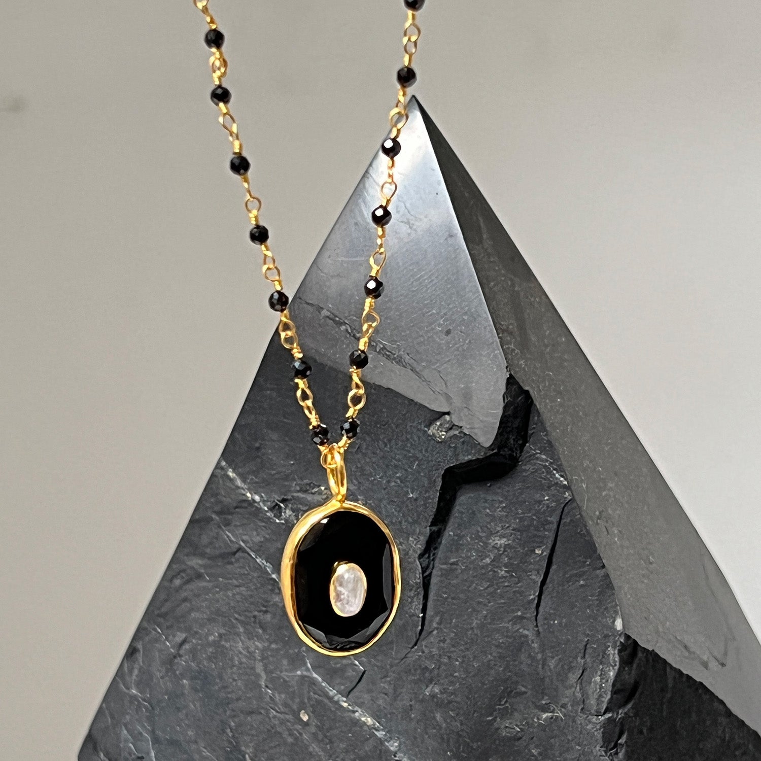 Victoria Pendant With Black Onyx & Rainbow Moonstone On Long Black Onyx Rosary