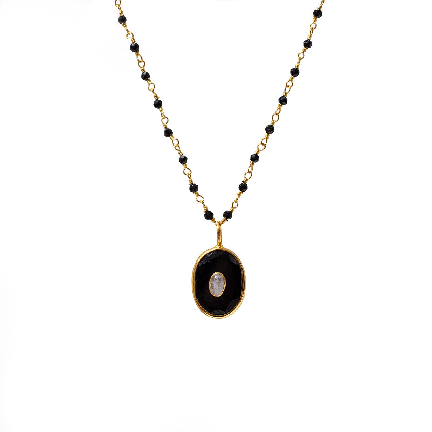 Victoria Pendant With Black Onyx & Rainbow Moonstone On Long Black Onyx Rosary
