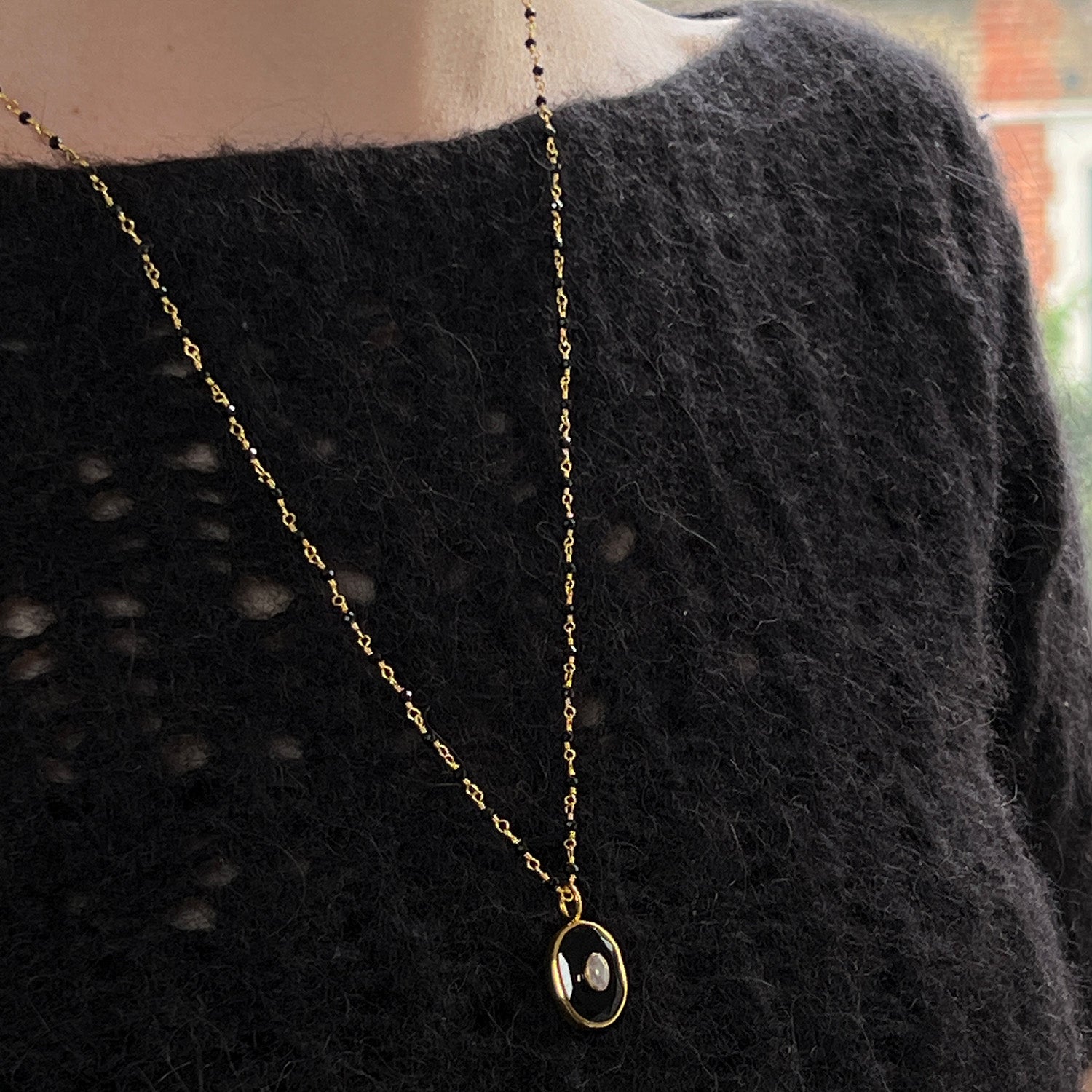 Victoria Pendant With Black Onyx & Rainbow Moonstone On Long Black Onyx Rosary