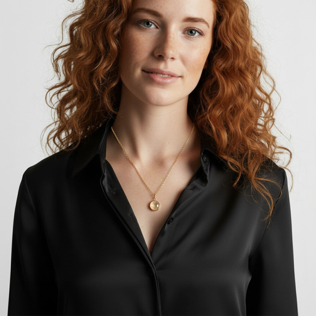 Citrine Cabochon Pendant With Inclusions on Long Baby Belcher Chain