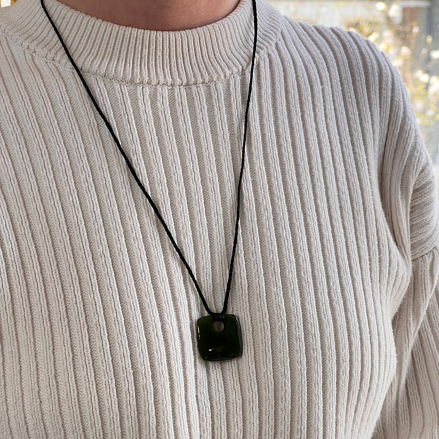 Medium Alaskan Jade Square With Jade Beads On Adjustable Cord