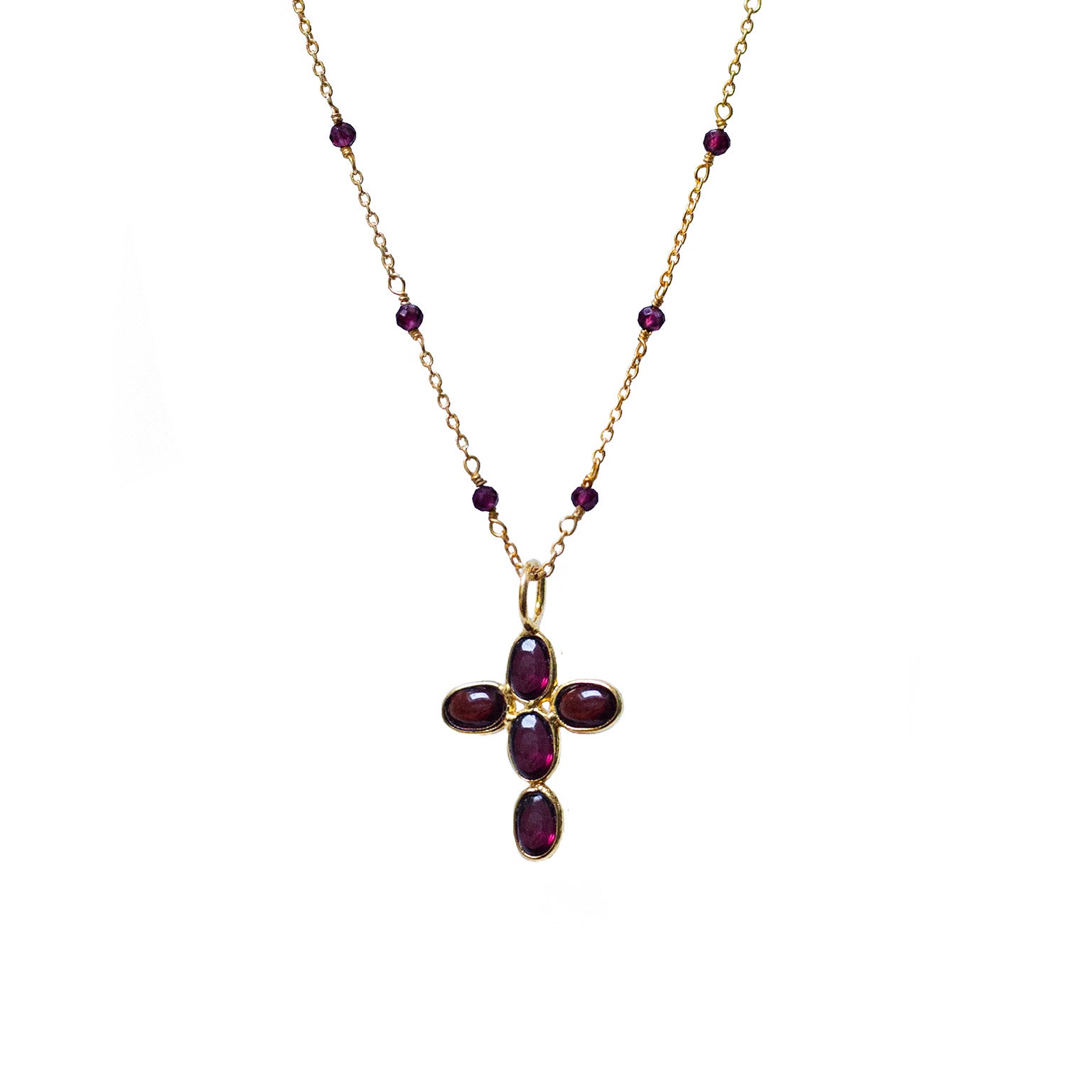 Small Cross Garnet On Short Garnet Rosary or Satellite chain