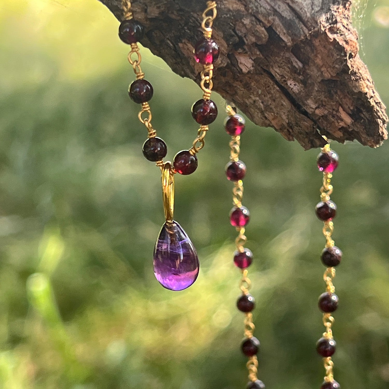 Amethyst Drop Pendant On Long Garnet Rosary