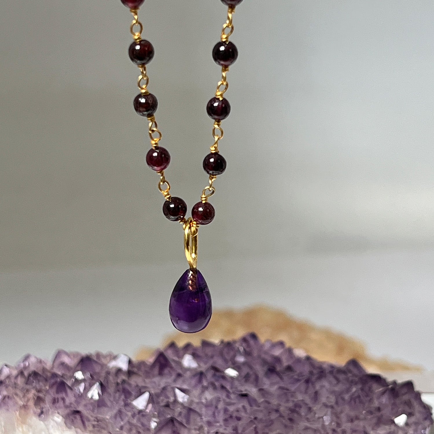 Amethyst Drop Pendant On Long Garnet Rosary