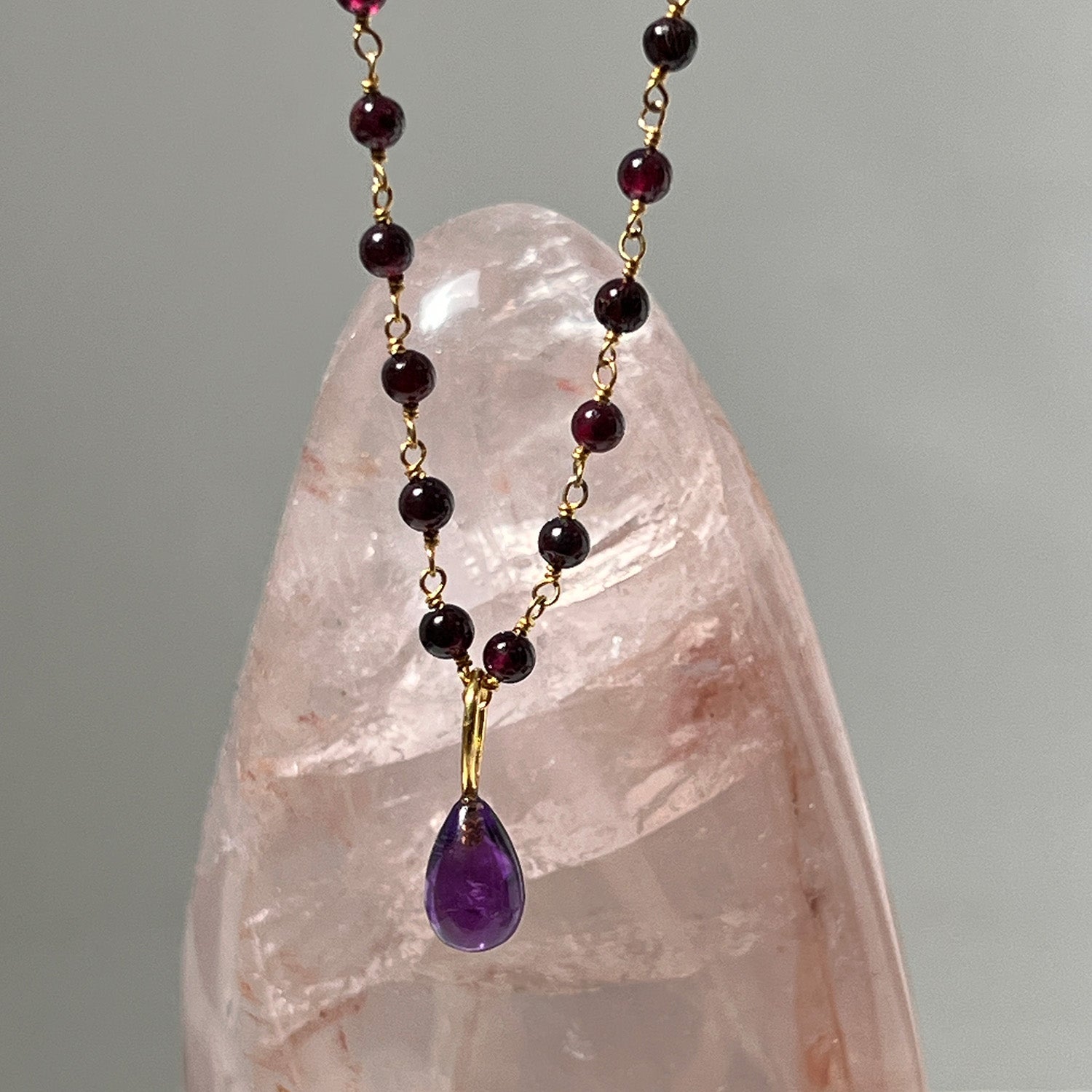 Amethyst Drop Pendant On Long Garnet Rosary