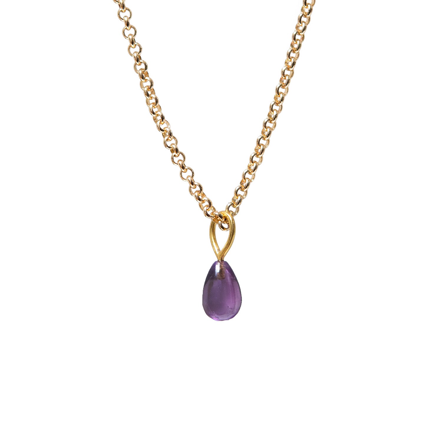 Amethyst Drop Pendant On Long Baby Belcher Chain