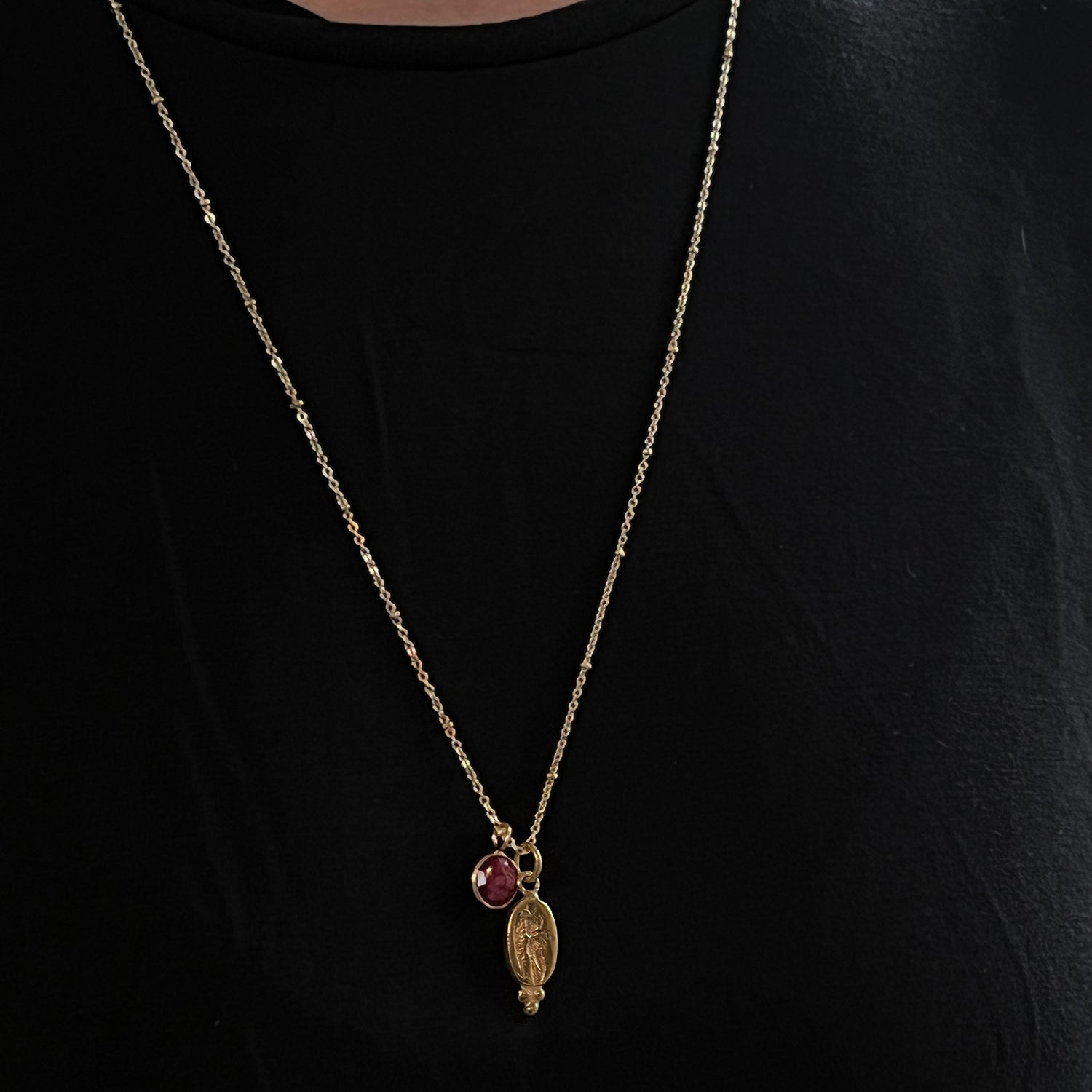 Angel Talisman With Ruby On Long Satellite Chain