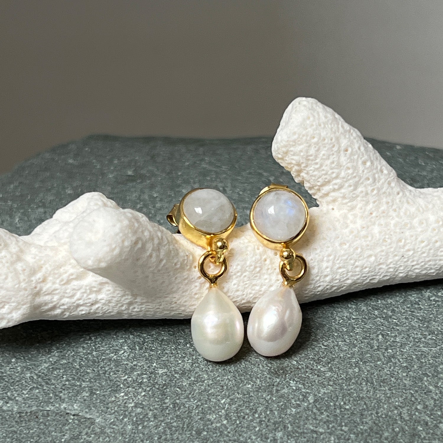 Anabel Stud Moonstone With Pearl Drop Earrings