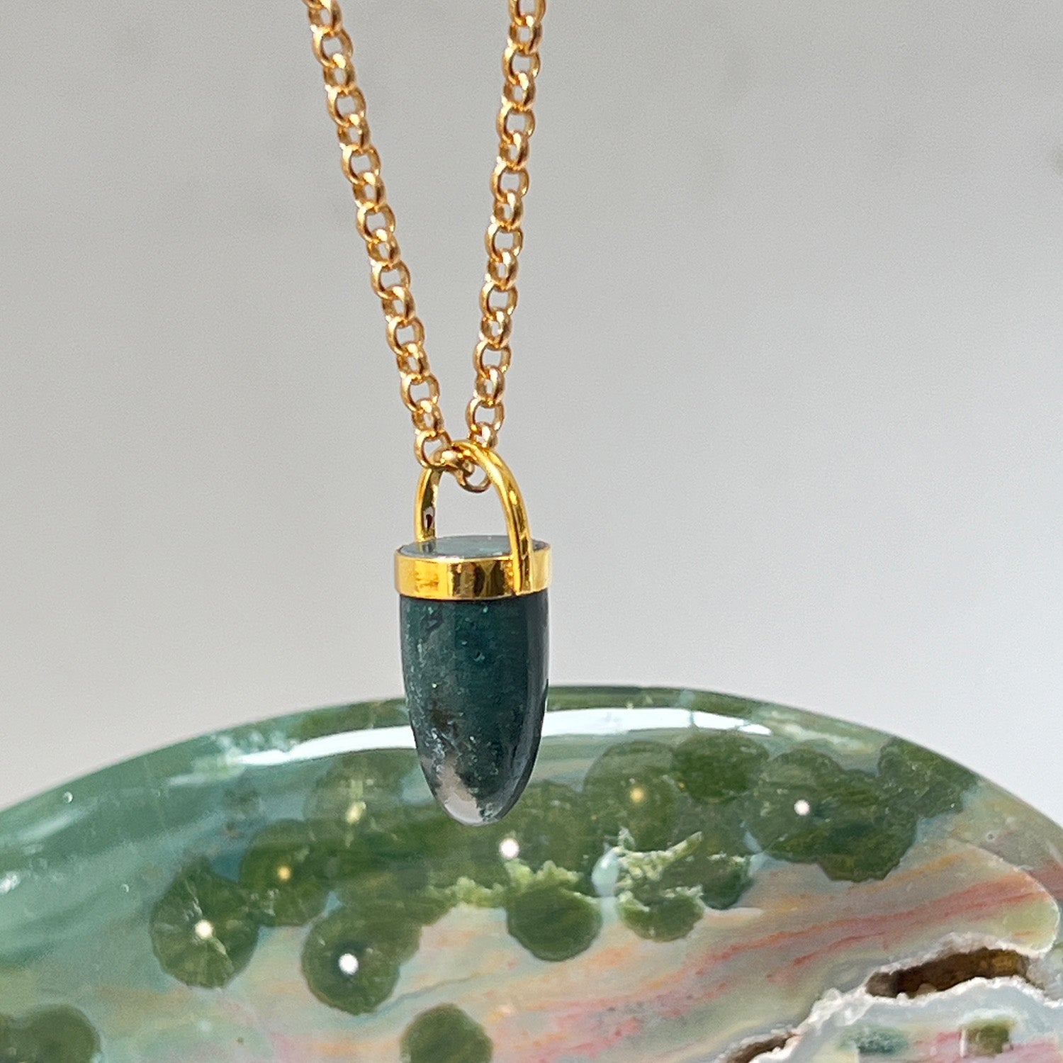 Pendulum Moss Agate Pendant On Long Baby Belcher Chain