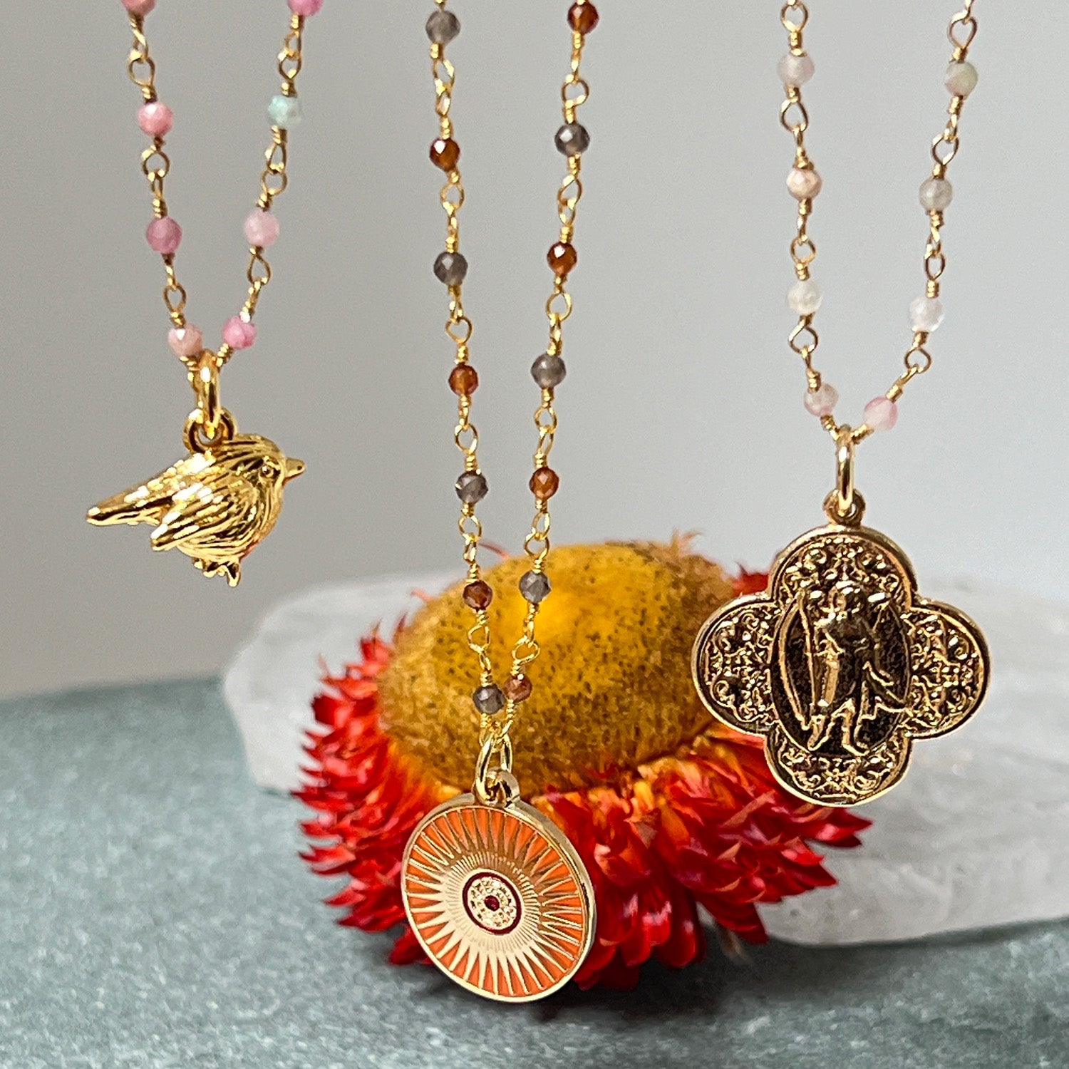 Guardian Angel Medal On Long Multi Tourmaline Rosary