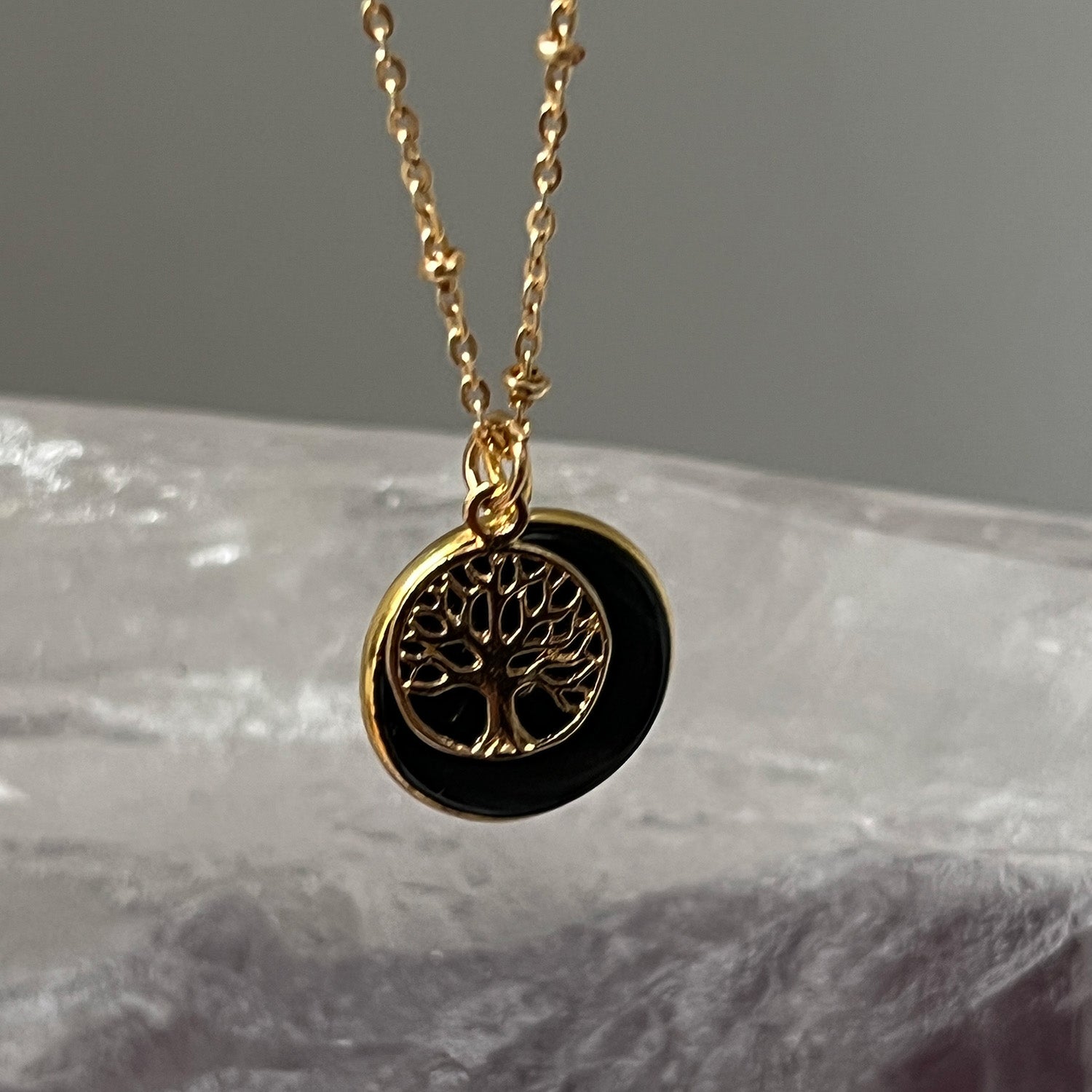 Black Onyx Coin Pendant With Tree Charm On Short Satellite Chain