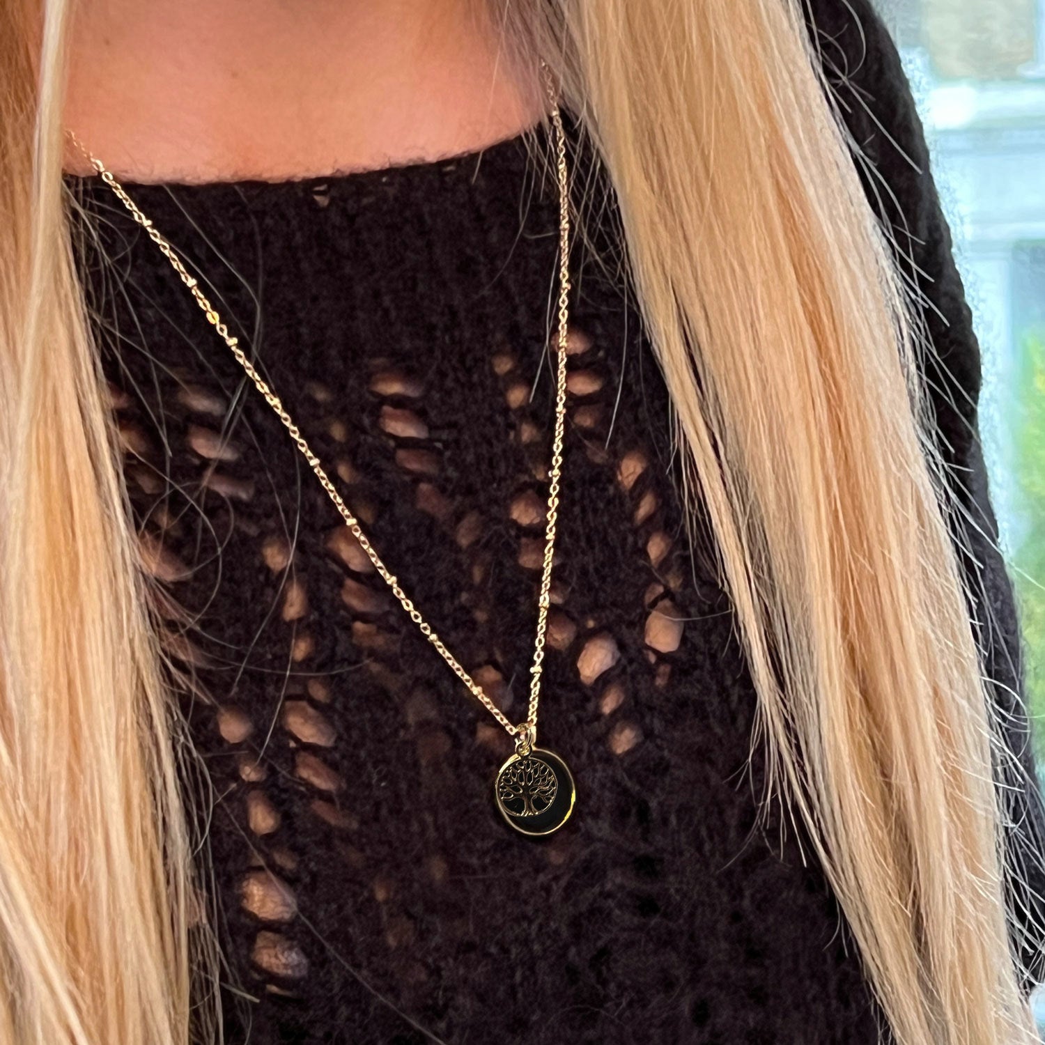 Black Onyx Coin Pendant With Tree Charm On Short Satellite Chain