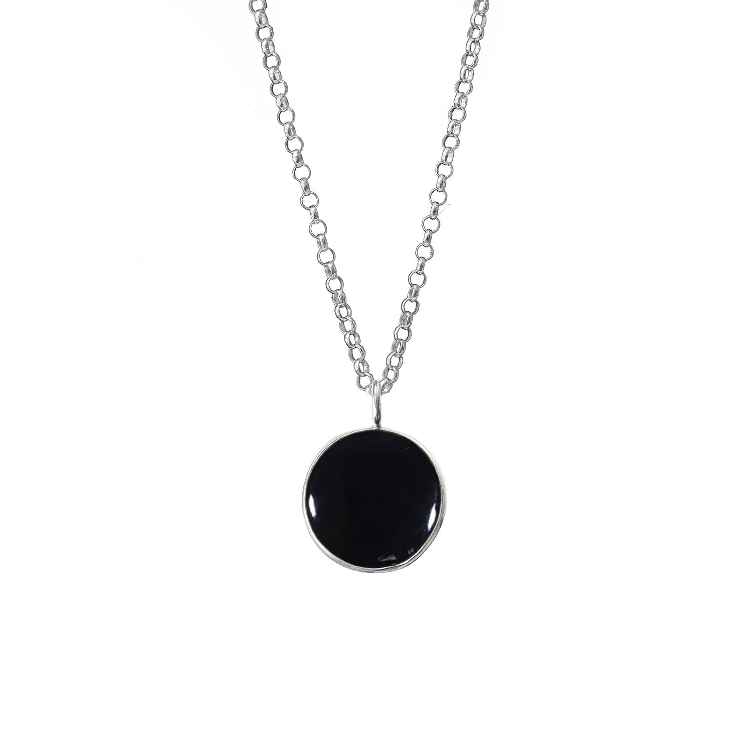 Black Onyx Coin Pendant On Sterling Silver Baby Belcher Chain