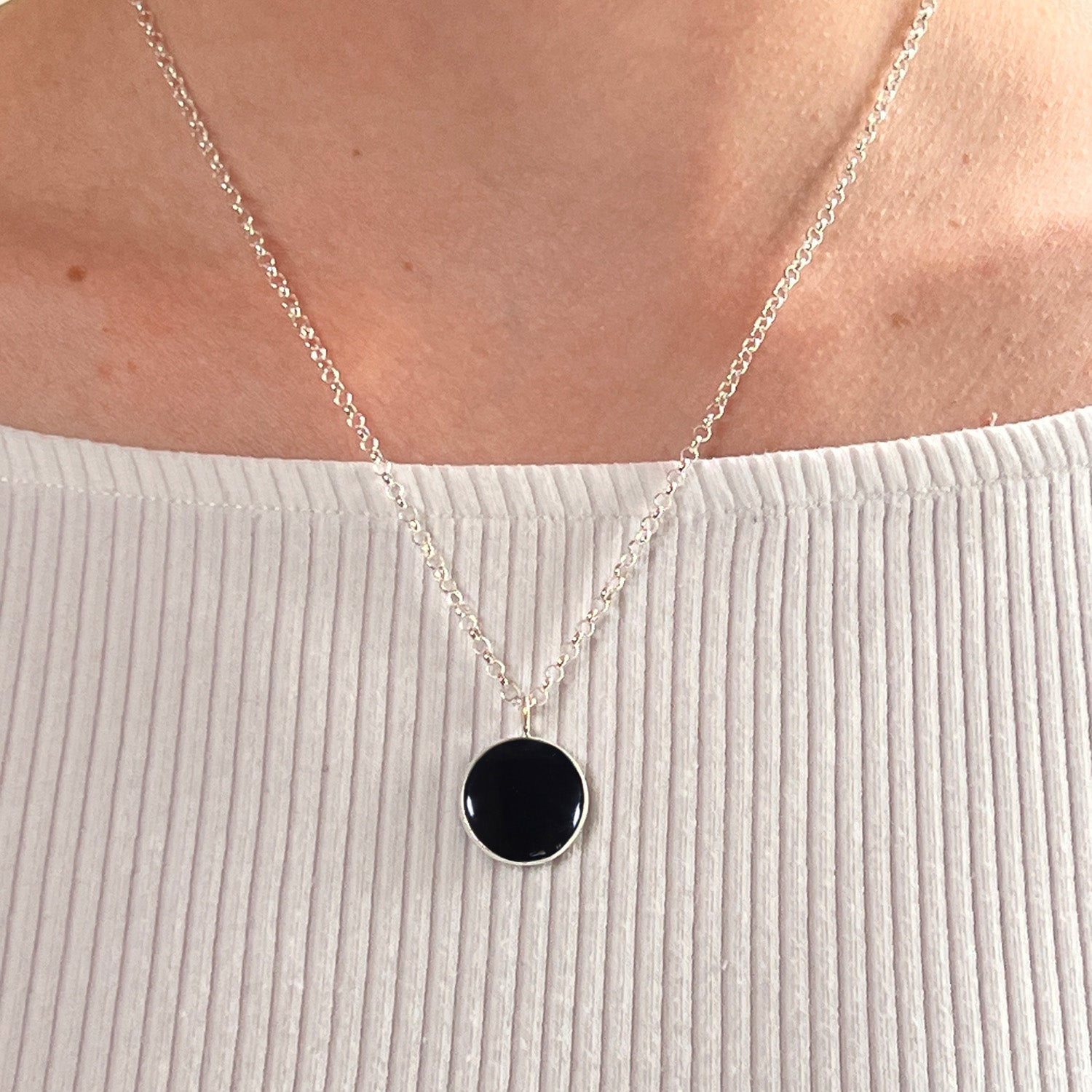Black Onyx Coin Pendant On Sterling Silver Baby Belcher Chain