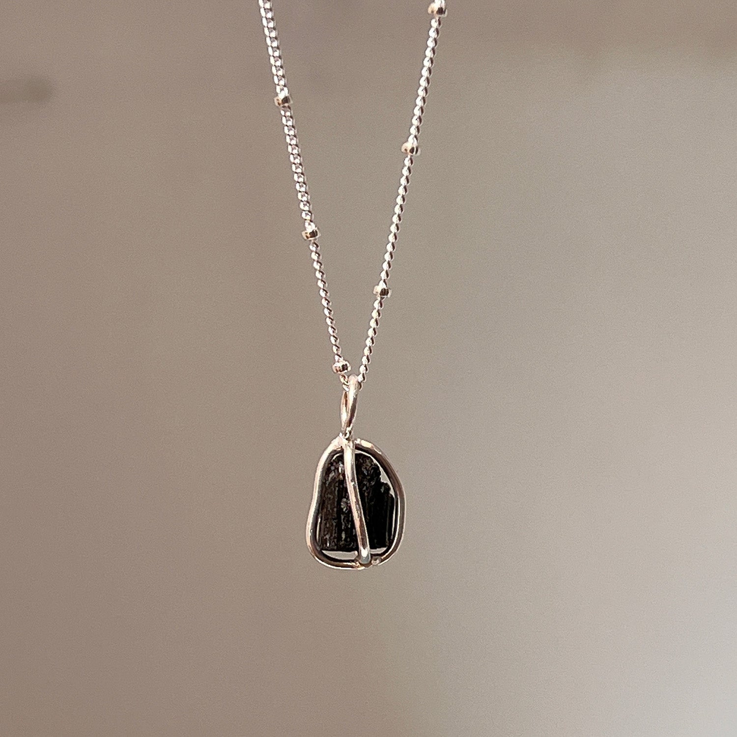 Black Tourmaline Raw in Cage Pendant on Sterling Silver