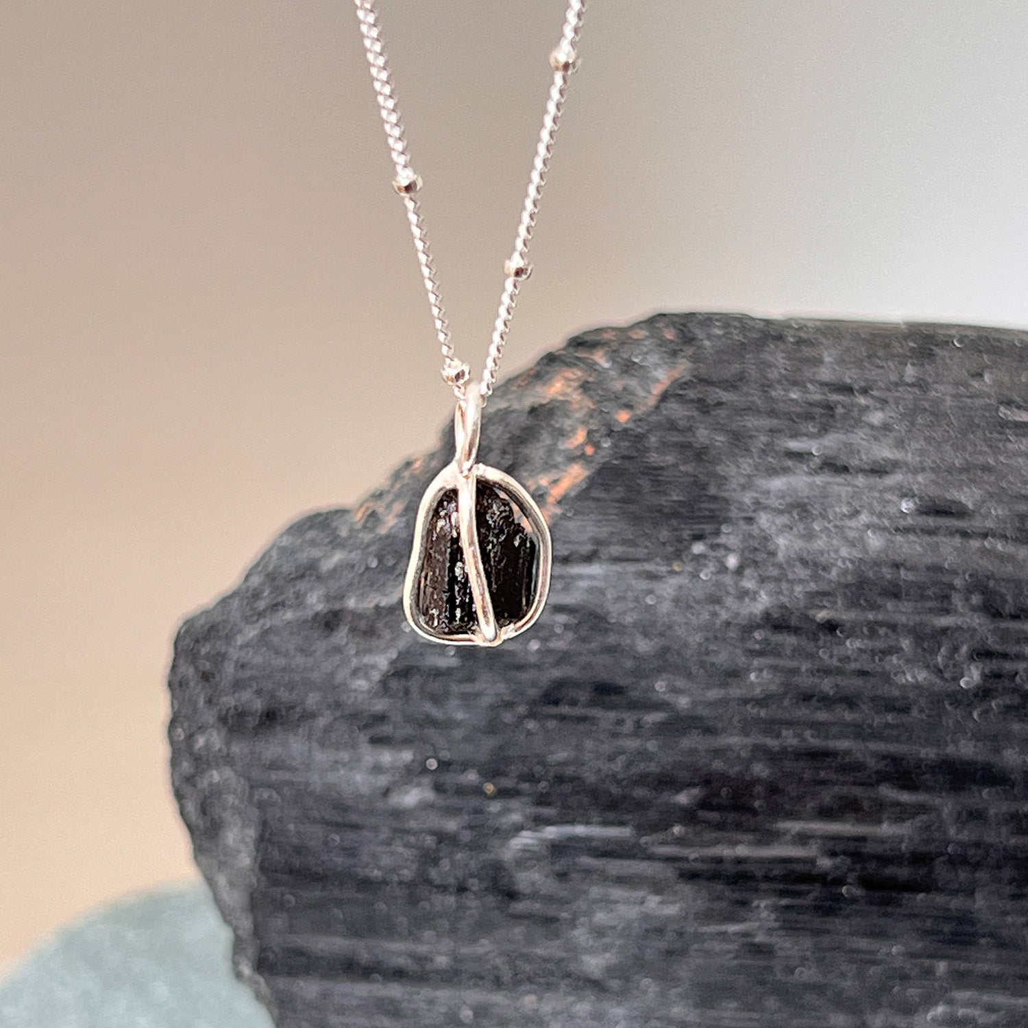 Black Tourmaline Raw in Cage Pendant on Sterling Silver