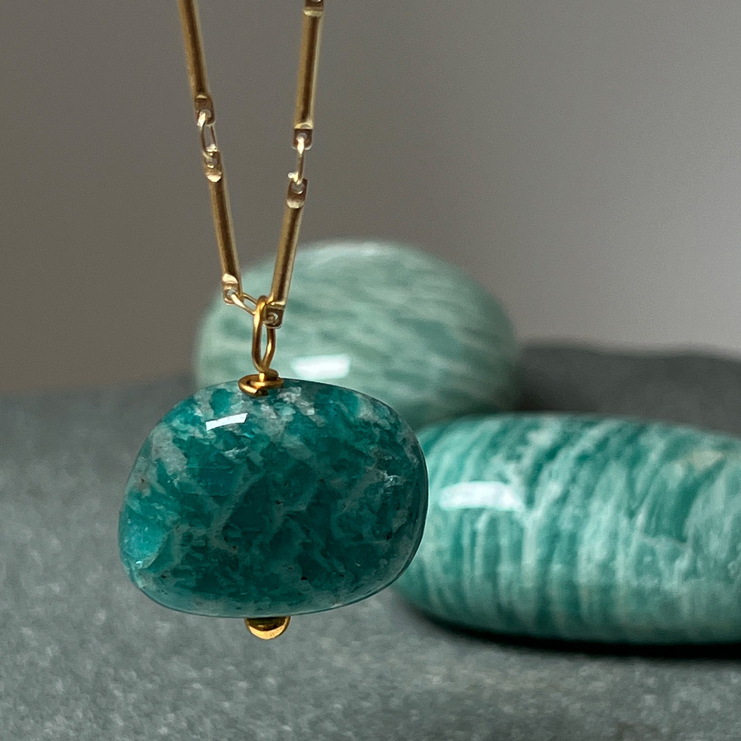 Amazonite Pendant On Long Tula Chain