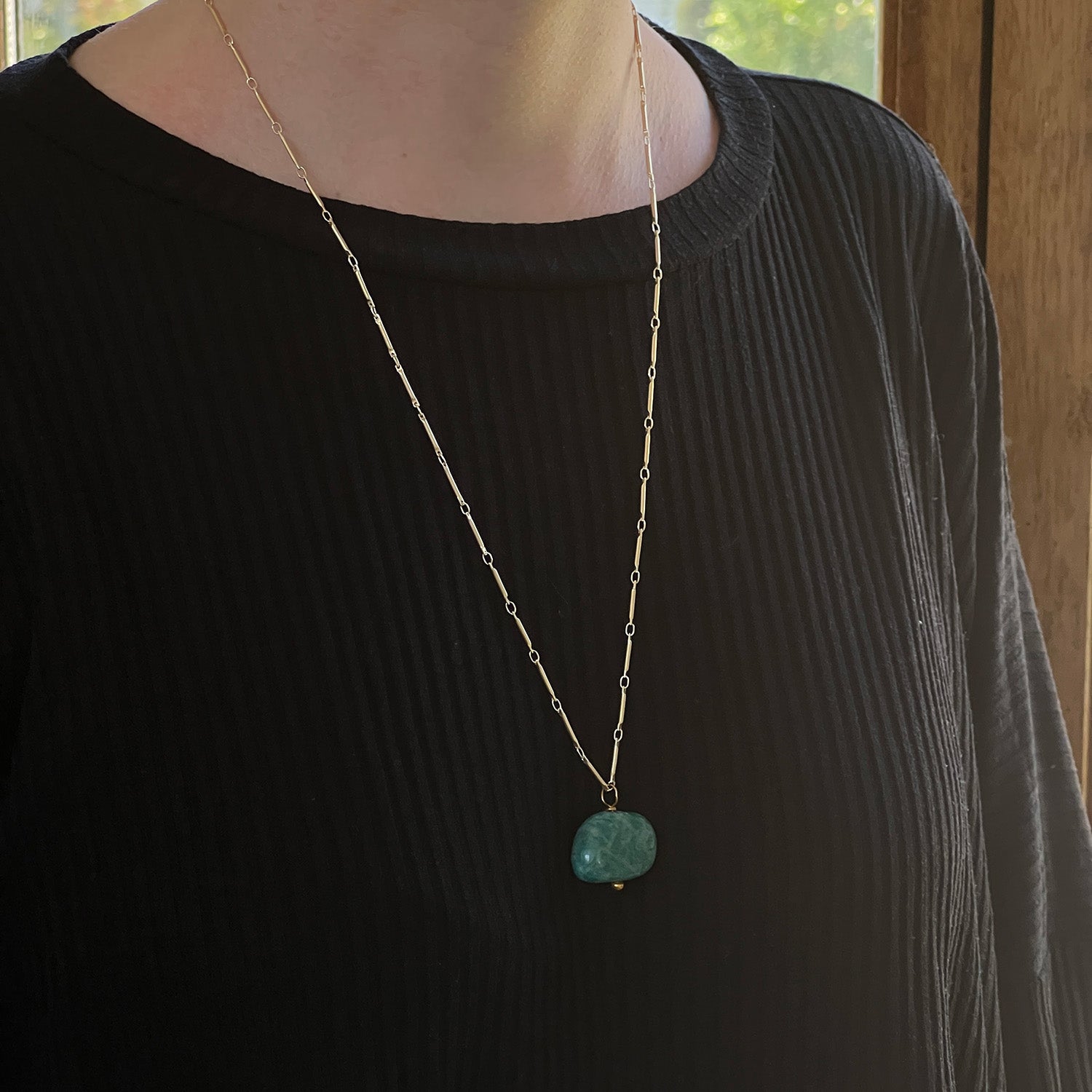 Amazonite Pendant On Long Tula Chain