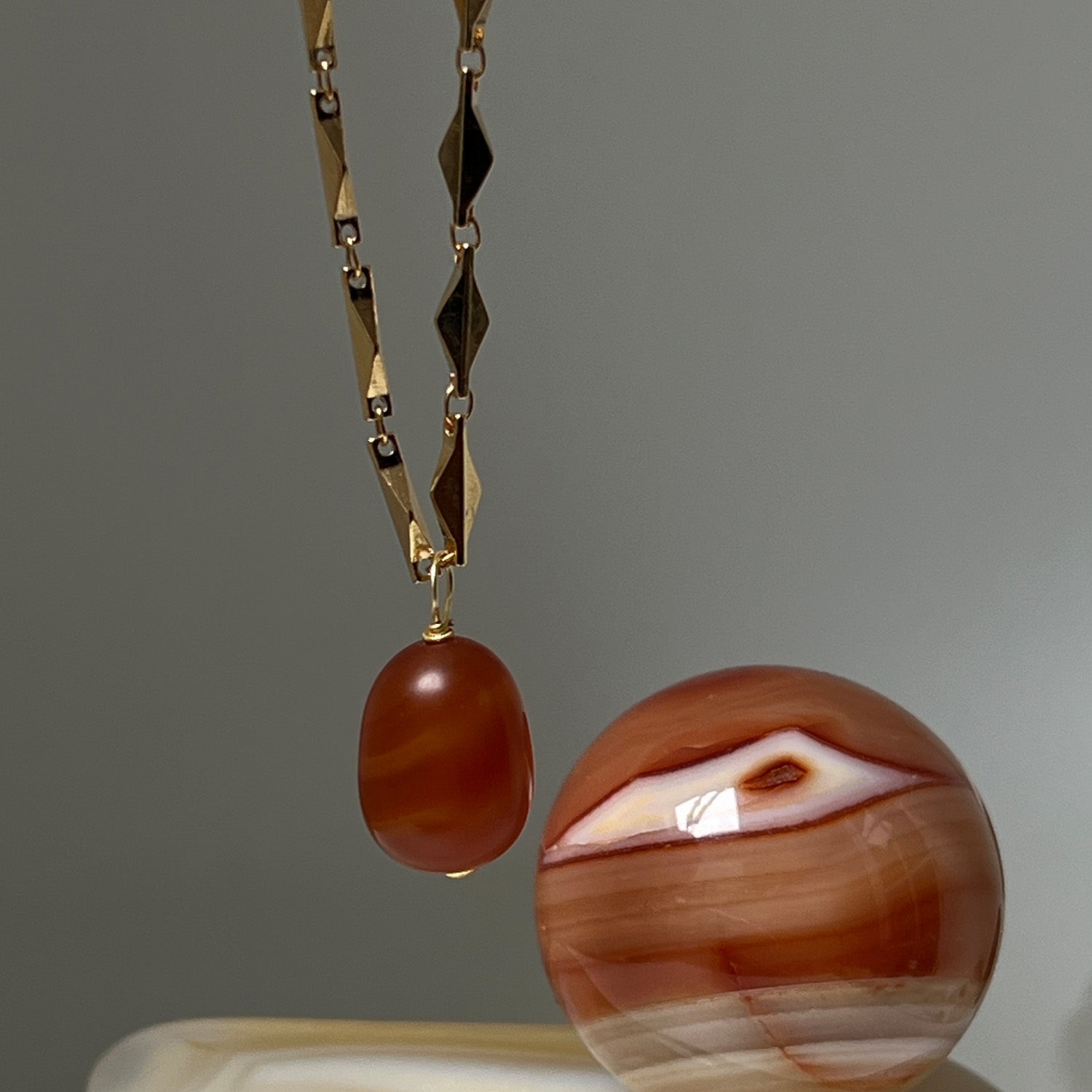 Carnelian Drop Pendant On Long Paola Chain