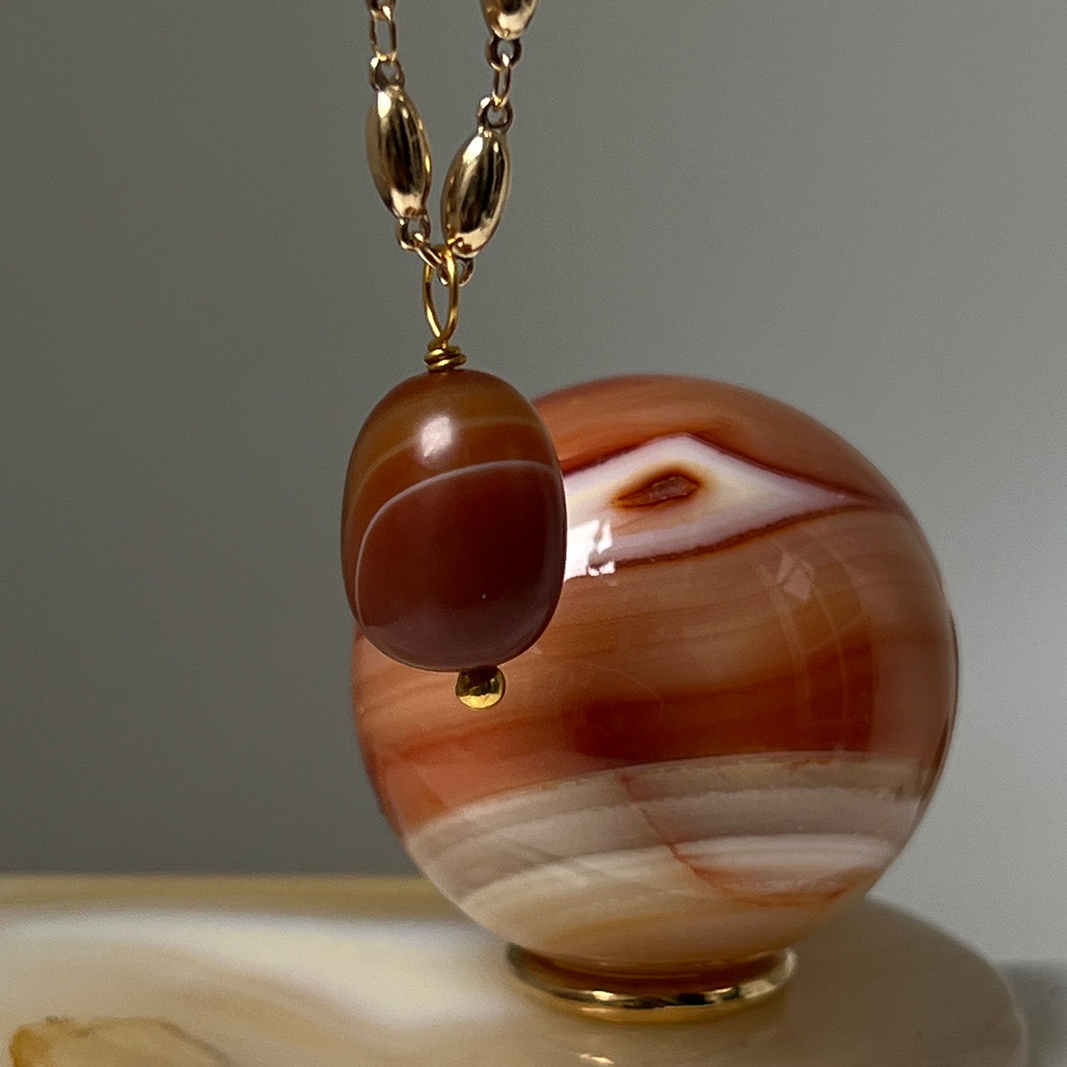 Carnelian Drop Pendant On Long Pepin Chain