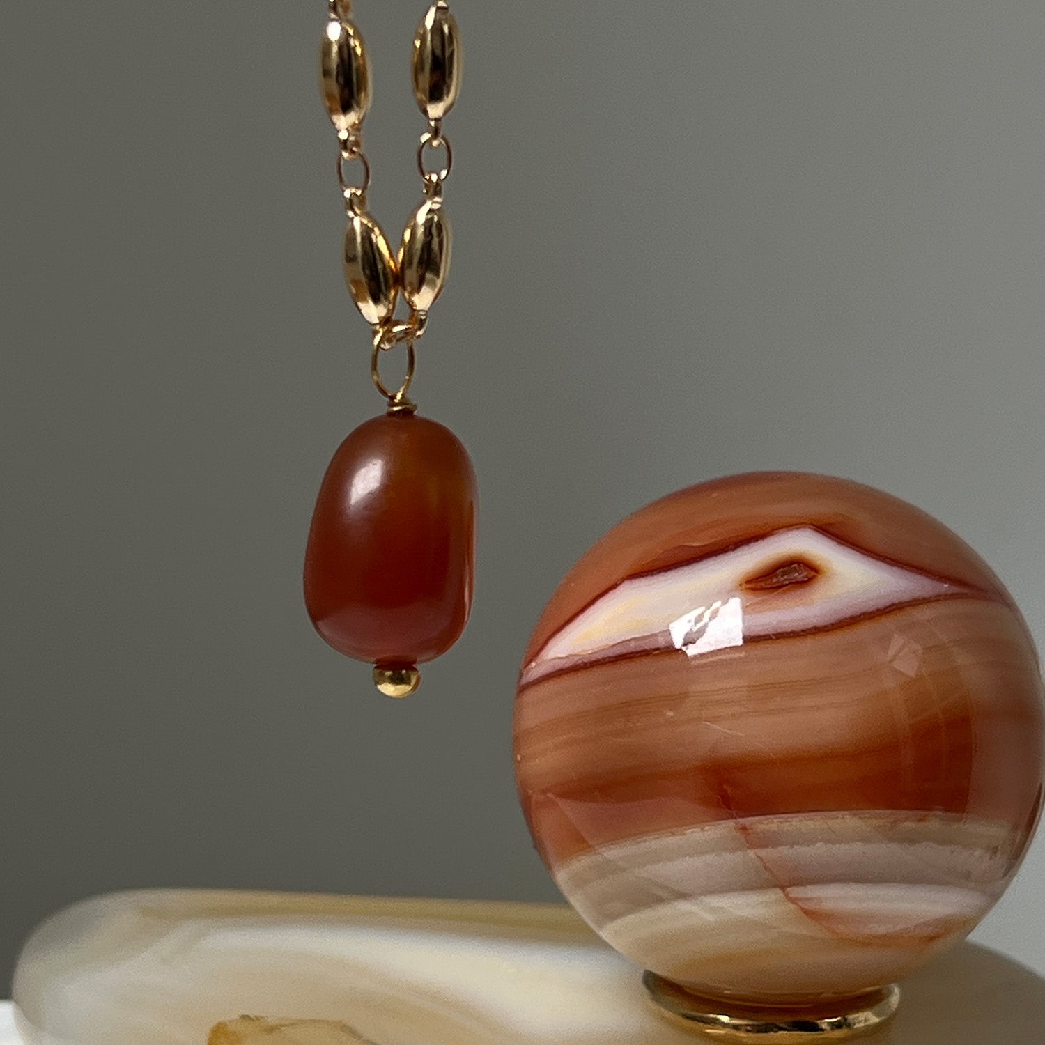Carnelian Drop Pendant On Long Pepin Chain
