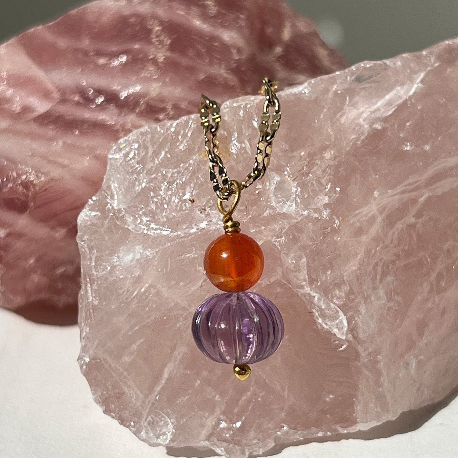 Carved Amethyst And Carnelian Pendant On Short Magali Chain