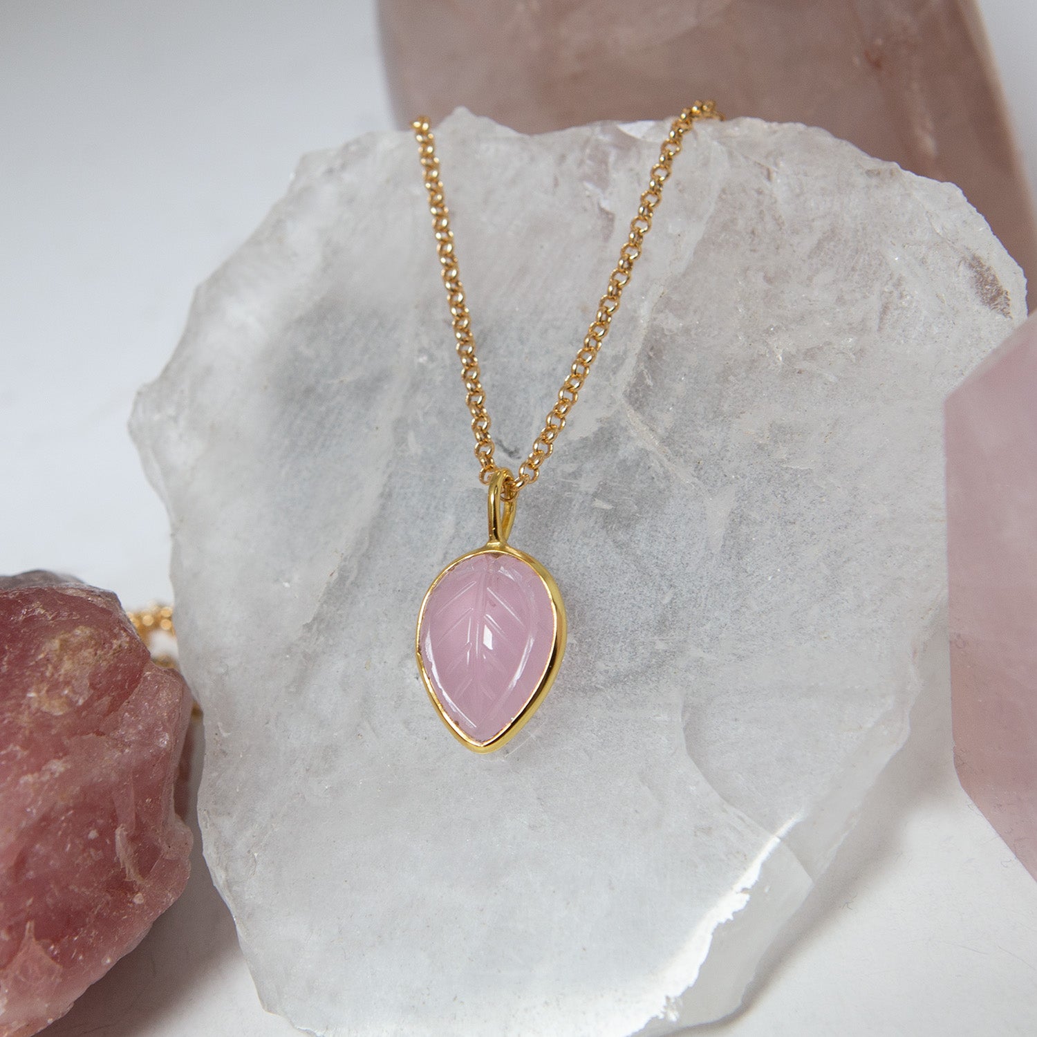 Carved Pink Chalcedony Leaf On Baby Belcher Chain