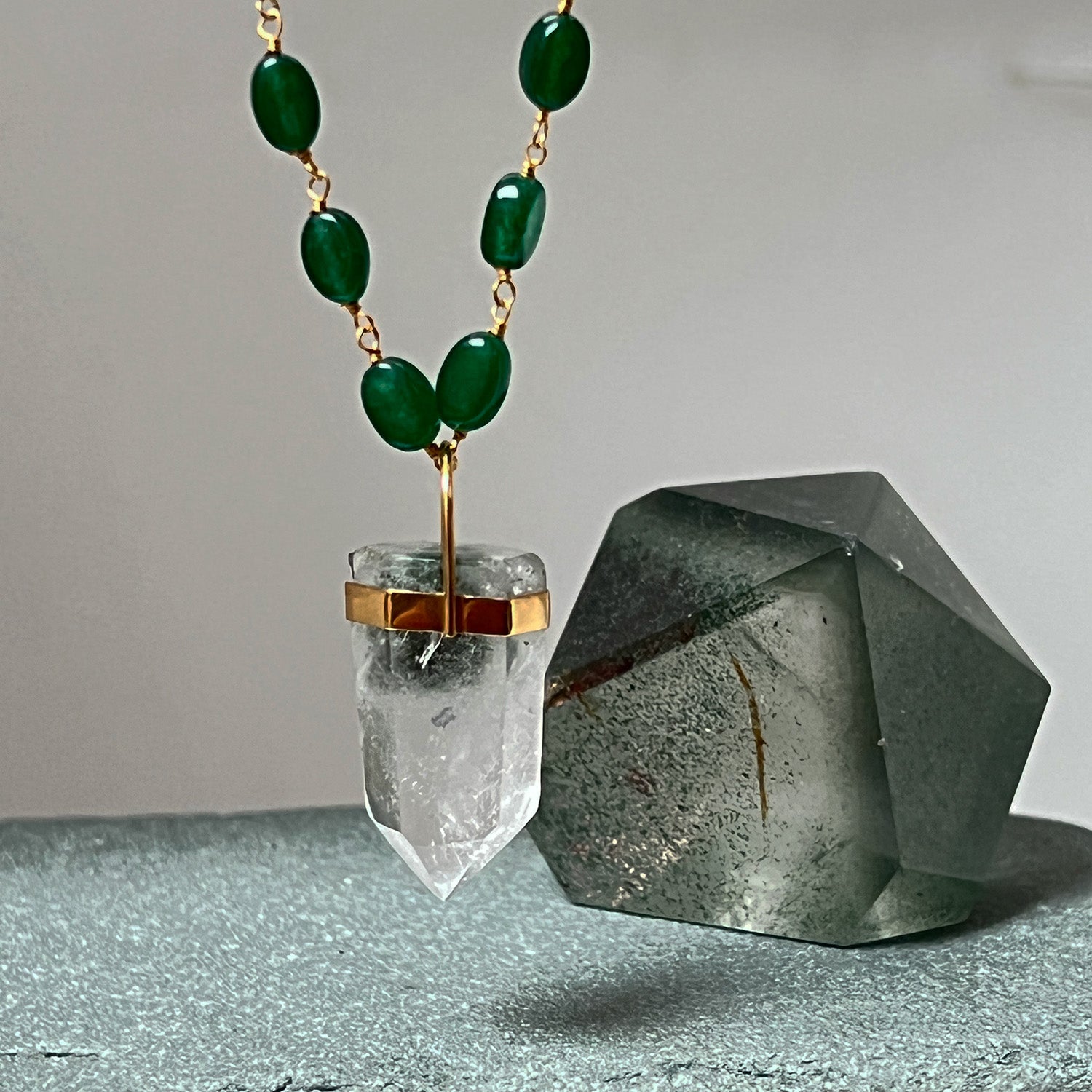 Unique Chlorite Point Pendant On Long Green Onyx Pebble Rosary