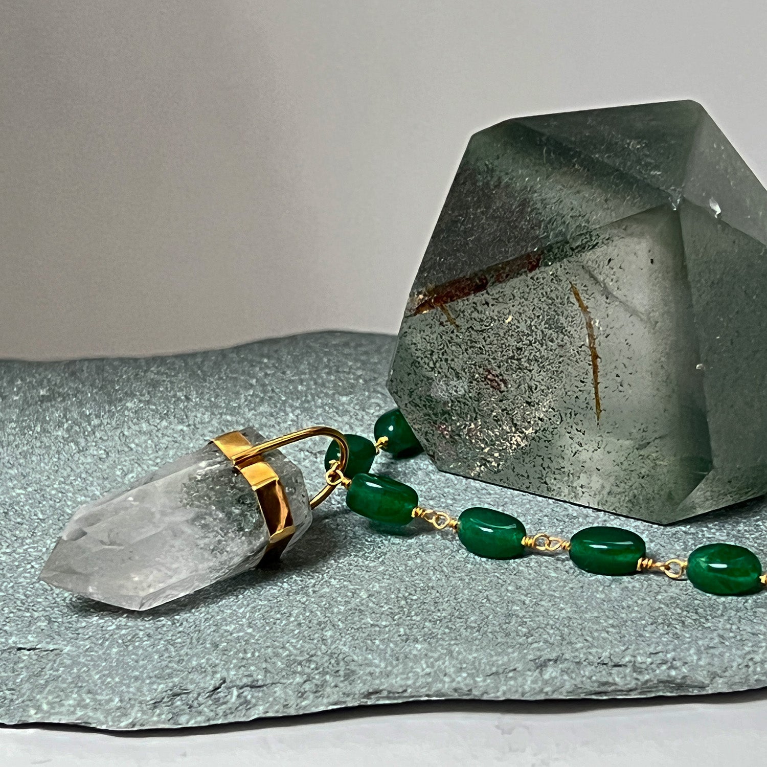 Unique Chlorite Point Pendant On Long Green Onyx Pebble Rosary