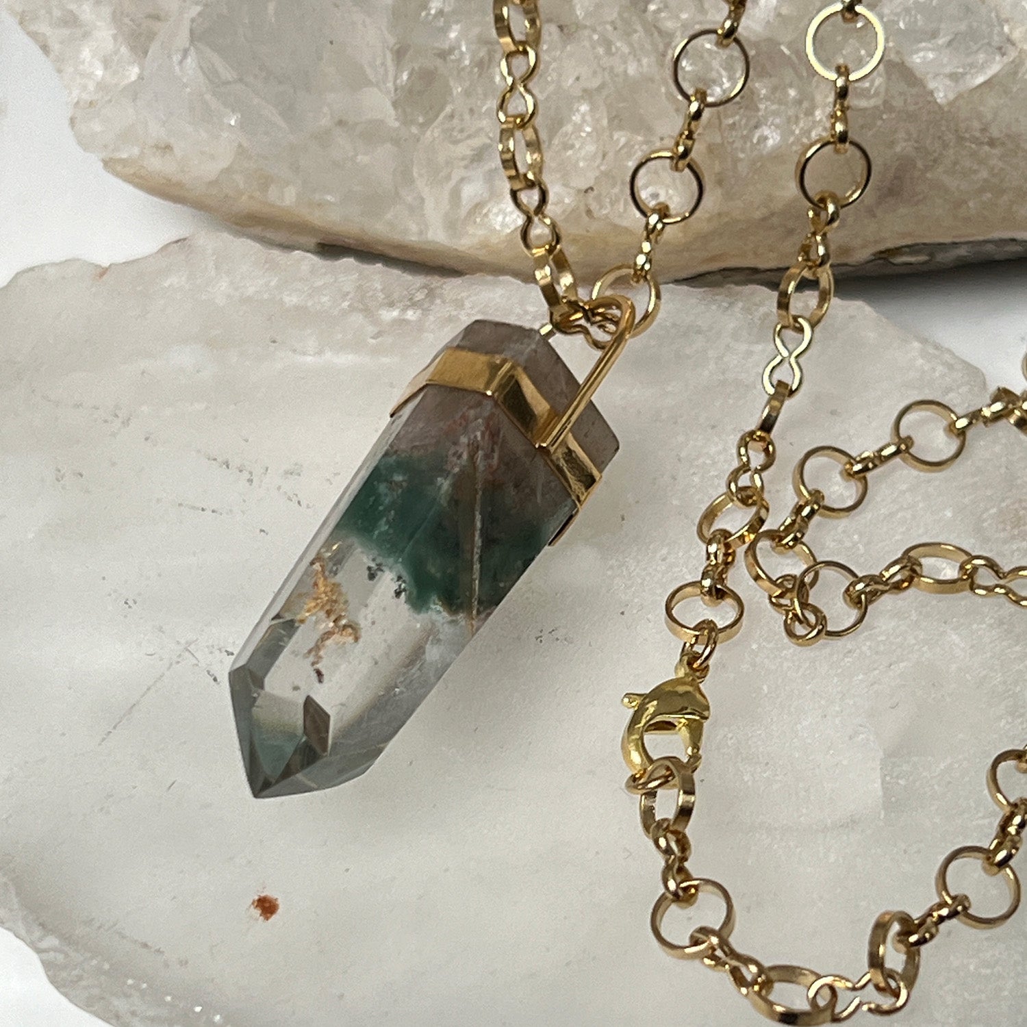 Unique Long Chlorite Point Pendant On Long Little Circle Chain