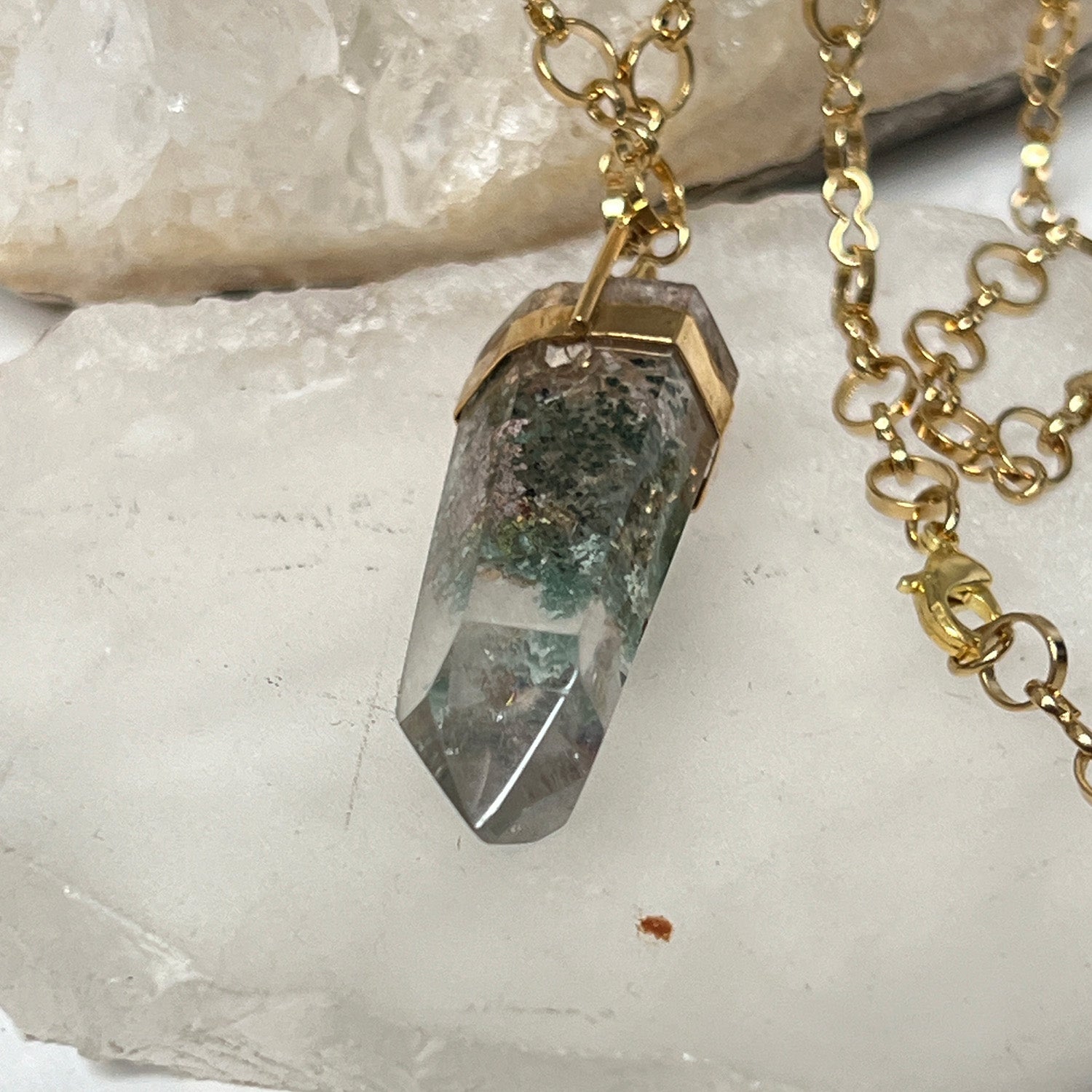 Unique Long Chlorite Point Pendant On Long Little Circle Chain