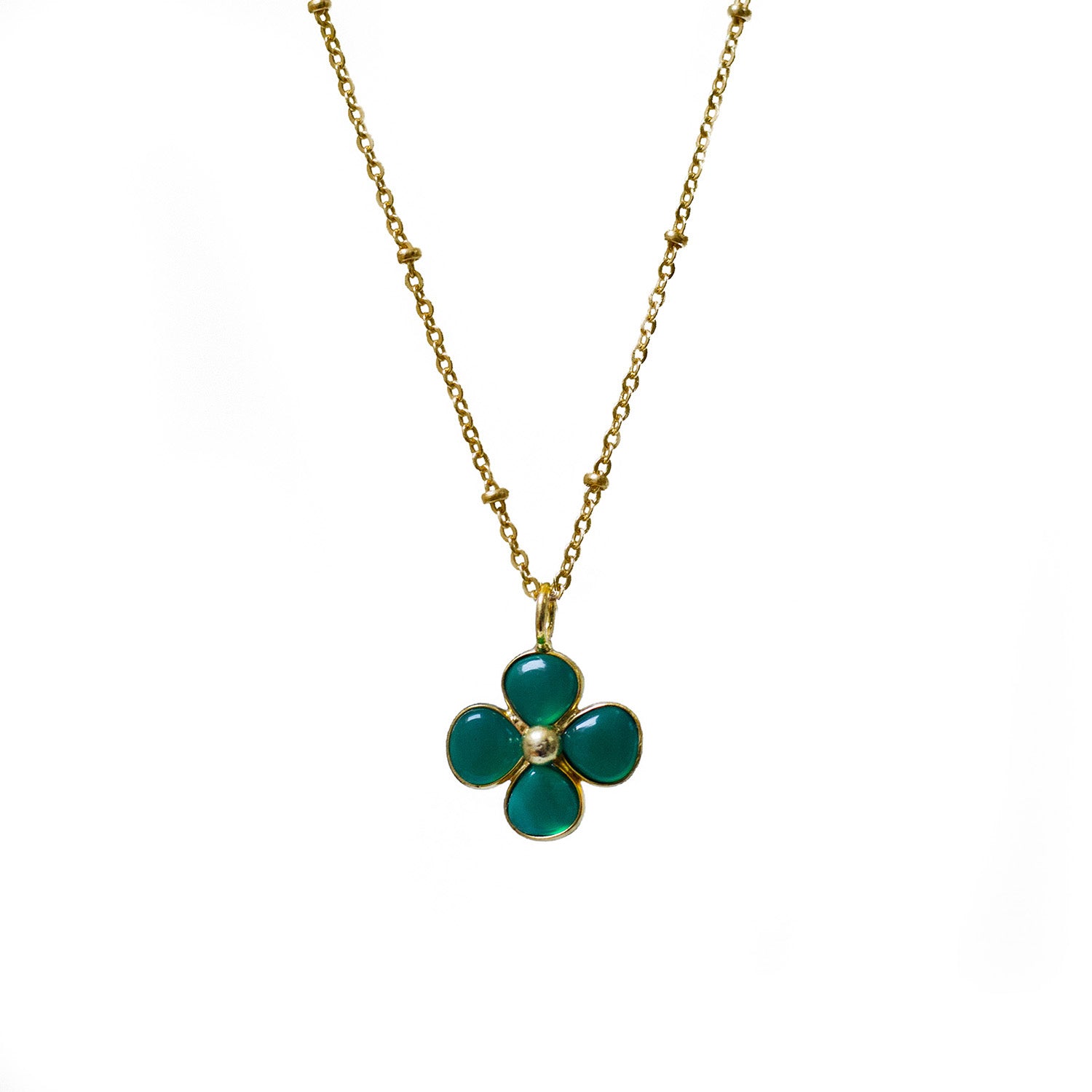 Lucky Green Onyx Clover Pendant On Short Satellite Chain