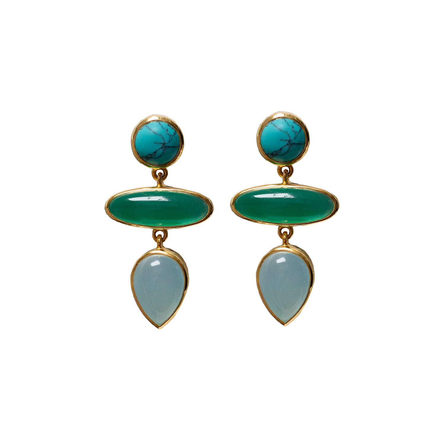 Diva Green Onyx, Aqua Chalcedony and Turquoise  Earrings