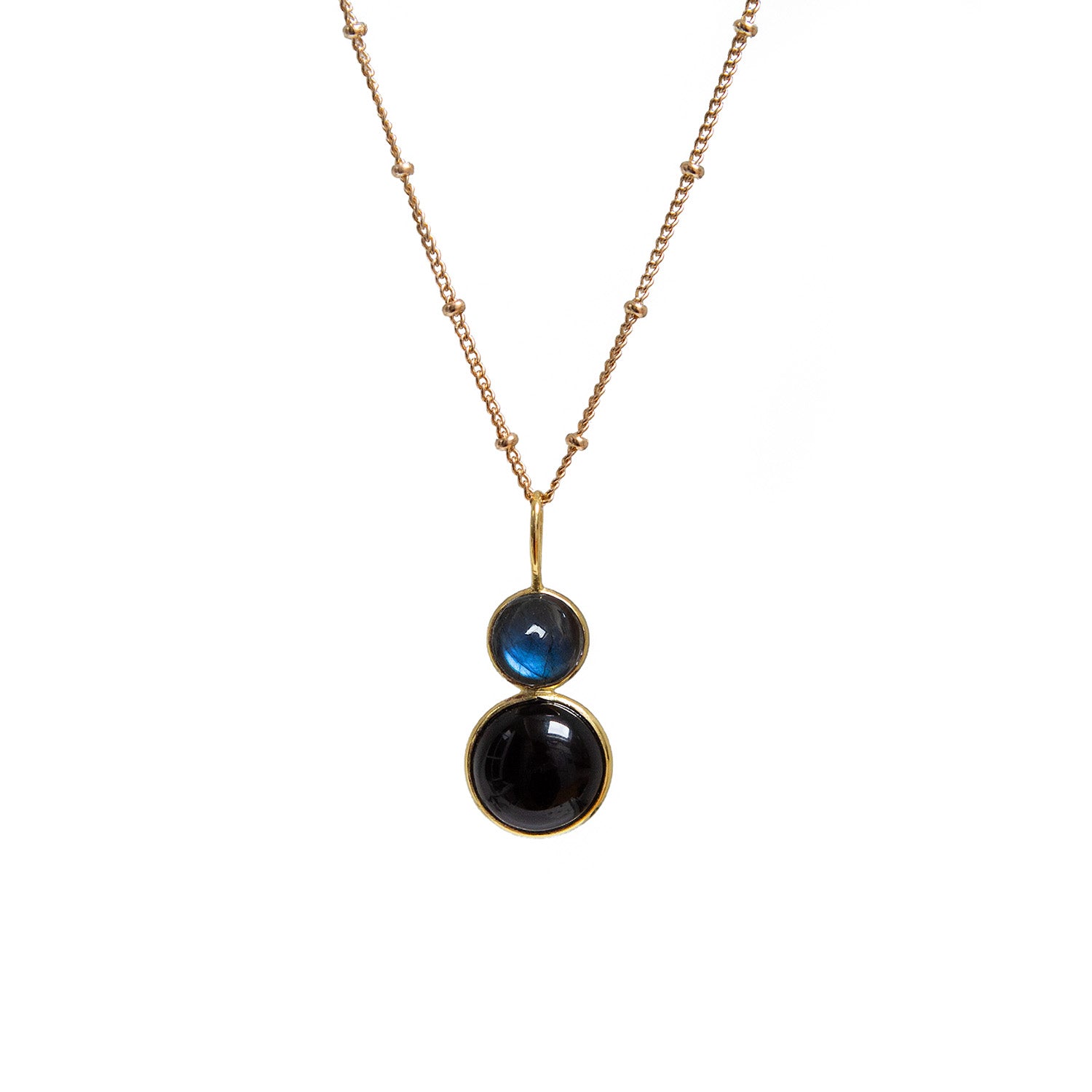 Black Onyx And Labradorite Cabochon Pendant On Long Biba Chain