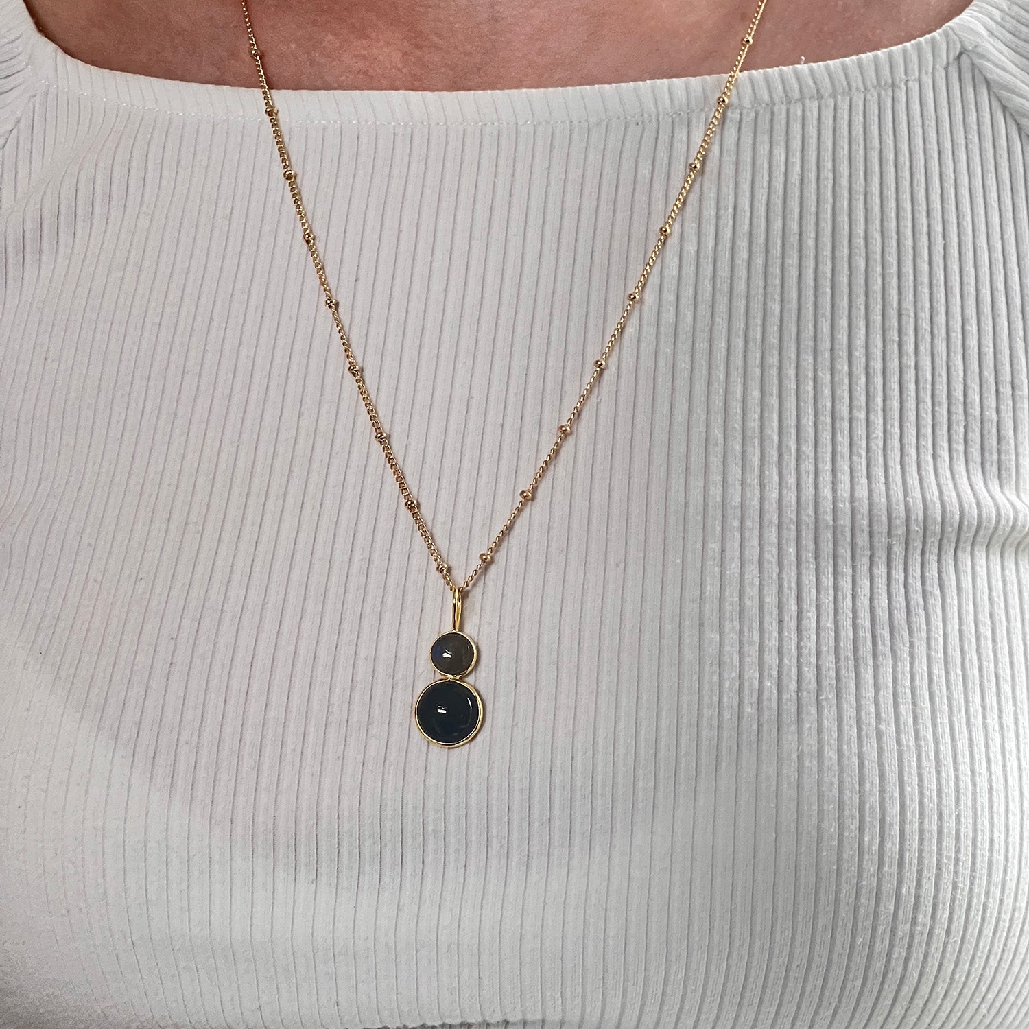 Black Onyx And Labradorite Cabochon Pendant On Long Biba Chain