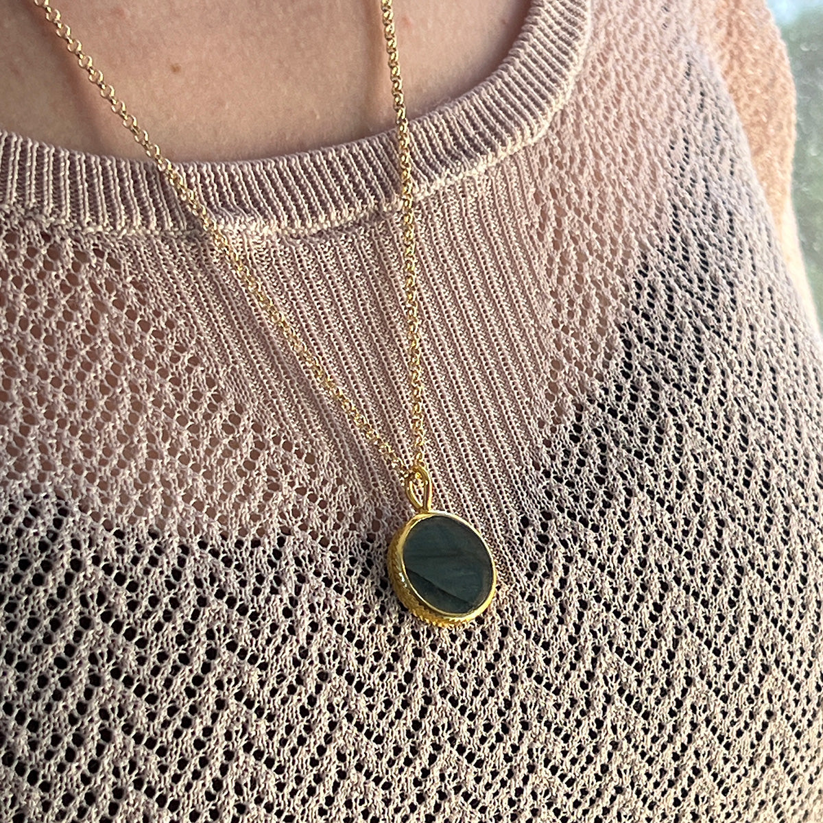 Double Sided Green Onyx and Labradorite Etched Bezel Pendant On Baby Belcher Chain