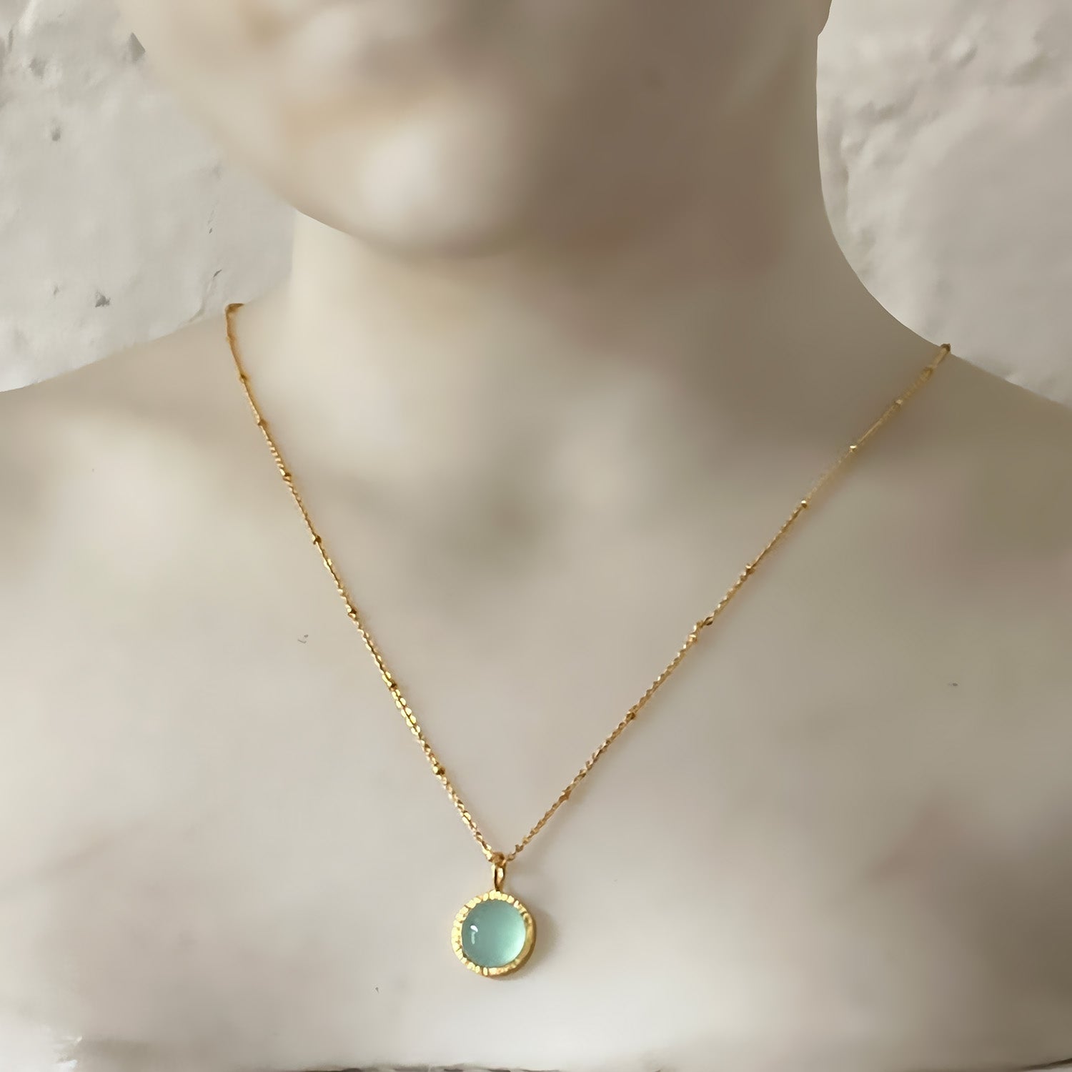 Dunia Aqua Chalcedony Round Pendant On Long Satellite Chain