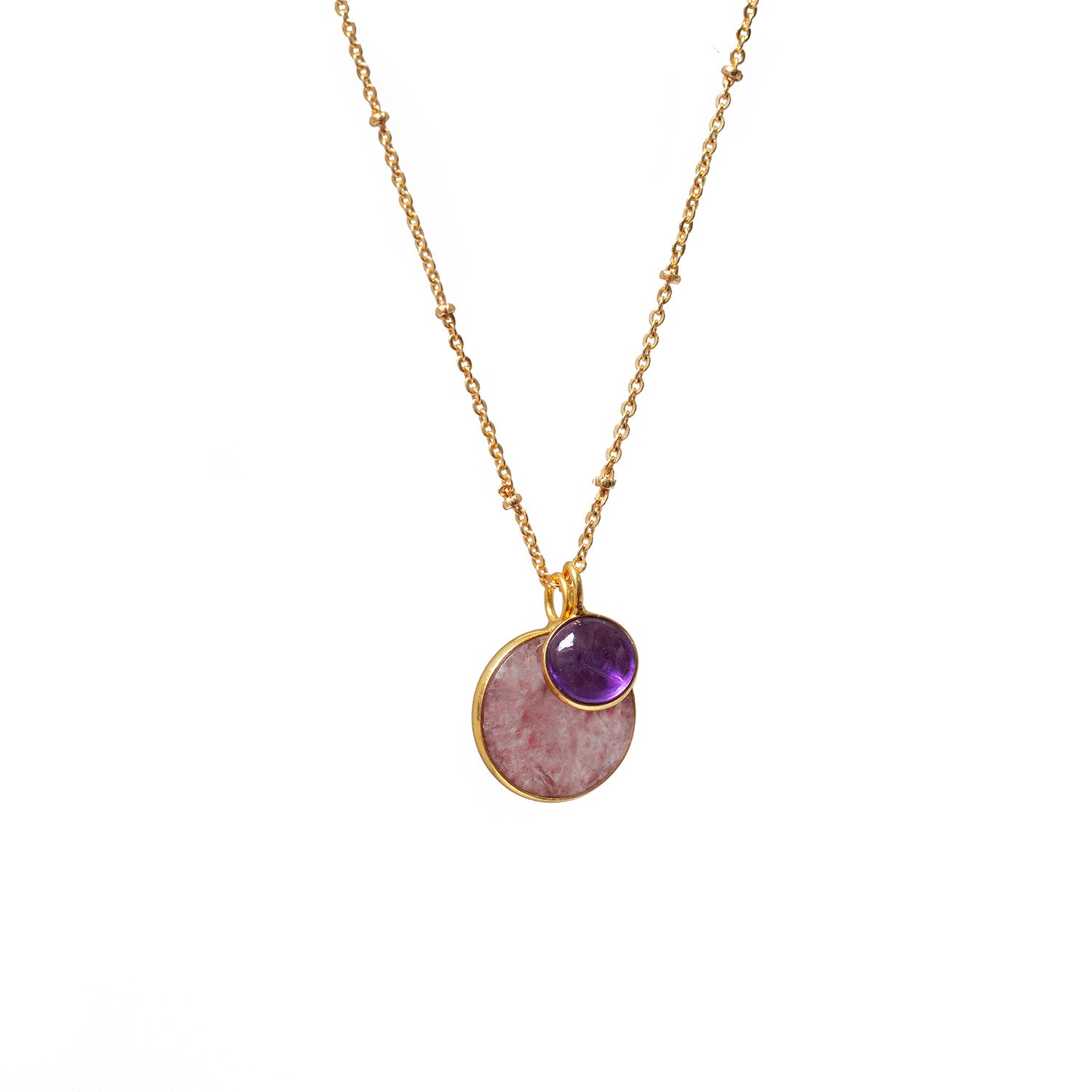 Duo Mystic Strawberry Quartz & Amethyst Pendant On Long Satellite Chain