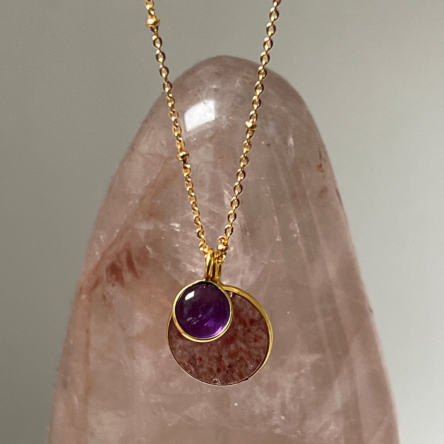 Duo Mystic Strawberry Quartz & Amethyst Pendant On Long Satellite Chain