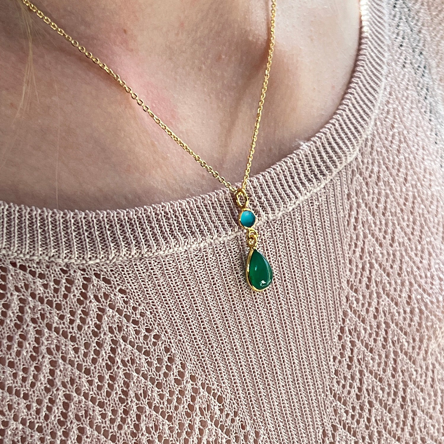 Emilia Green Onyx And Turquoise Pendant On Short Satellite Chain