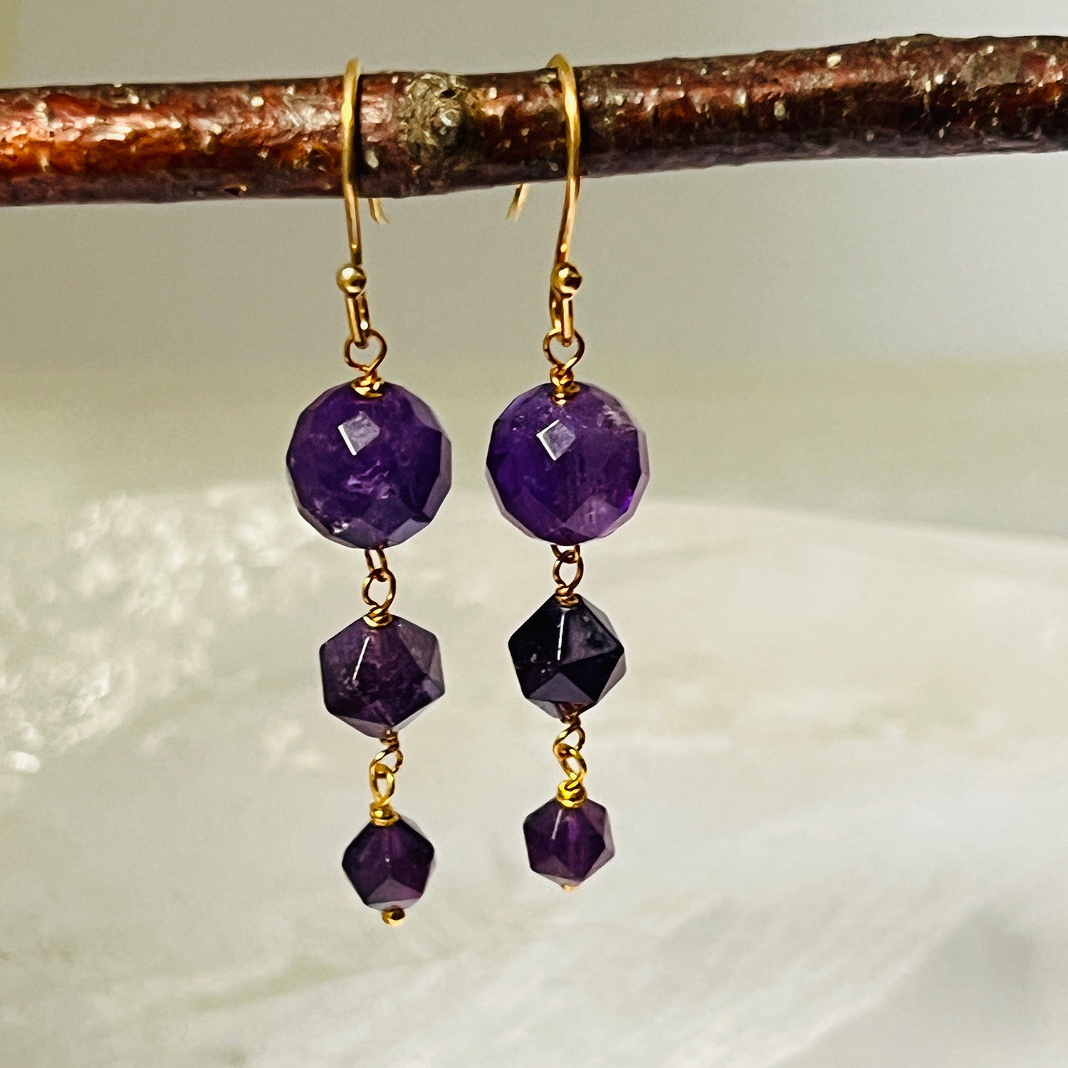 Faceted Three Stone Amethyst Earrings