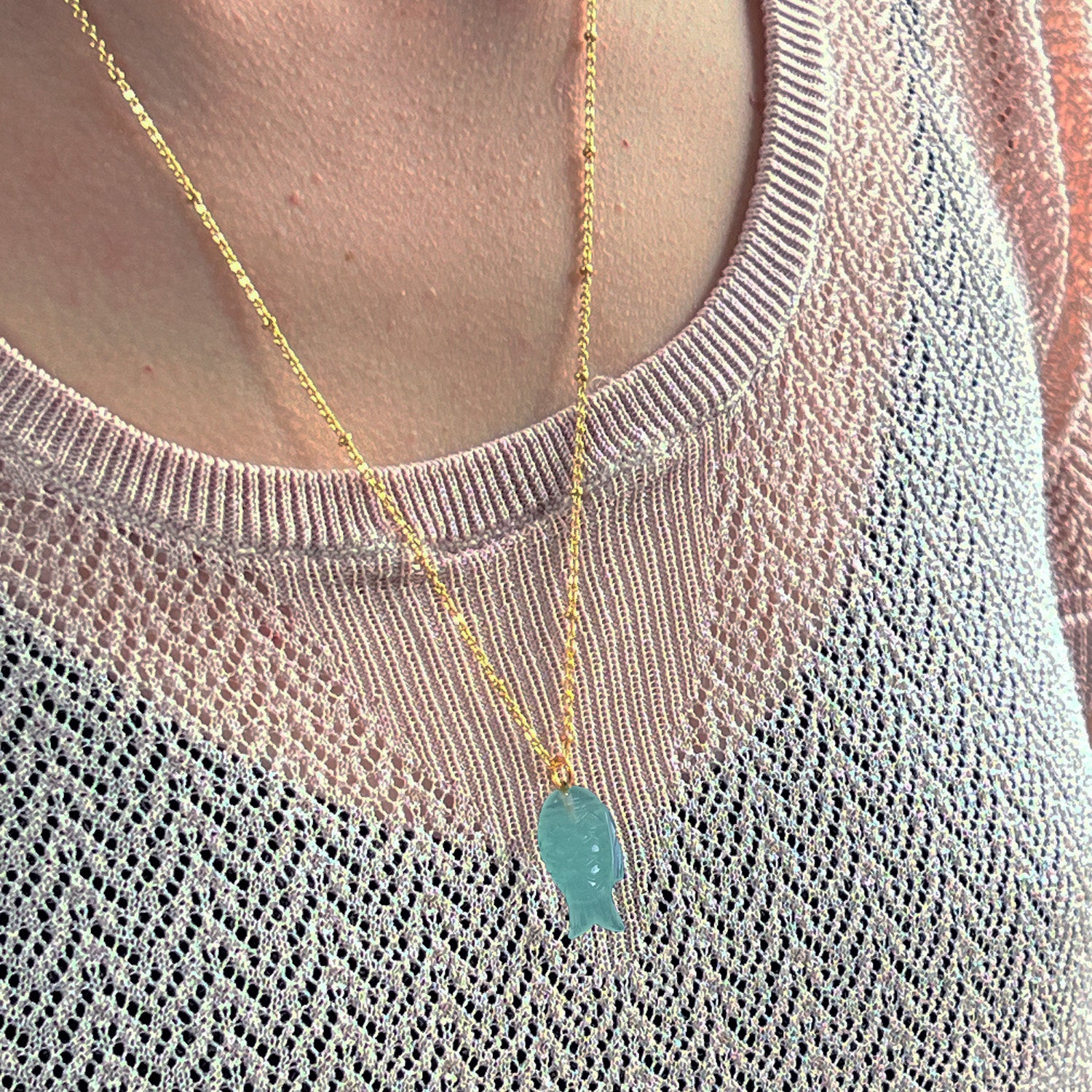 Hand Carved Aqua Chalcedony Fish On Short green onyx  Rosary or chain