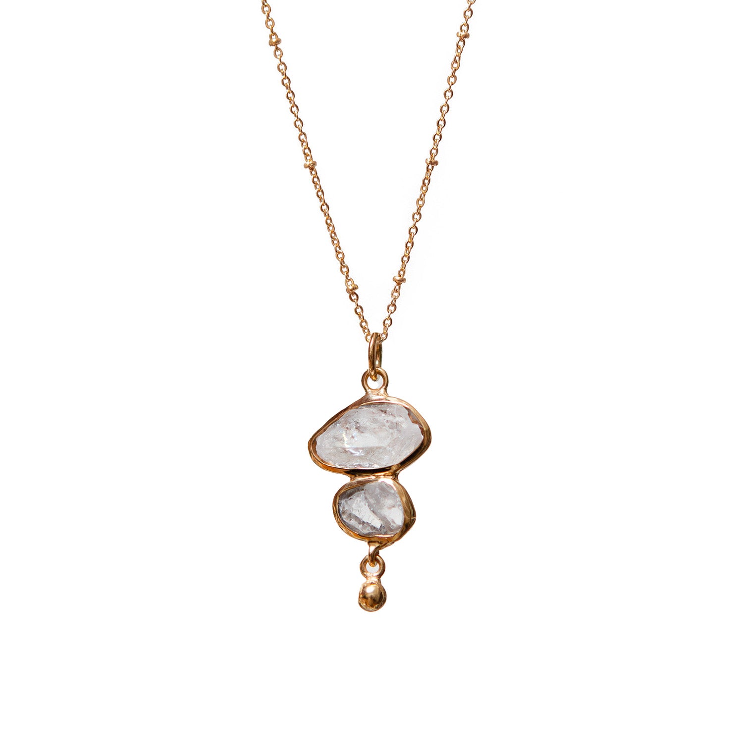 Necklace with a pendant featuring two clear stones on a white background