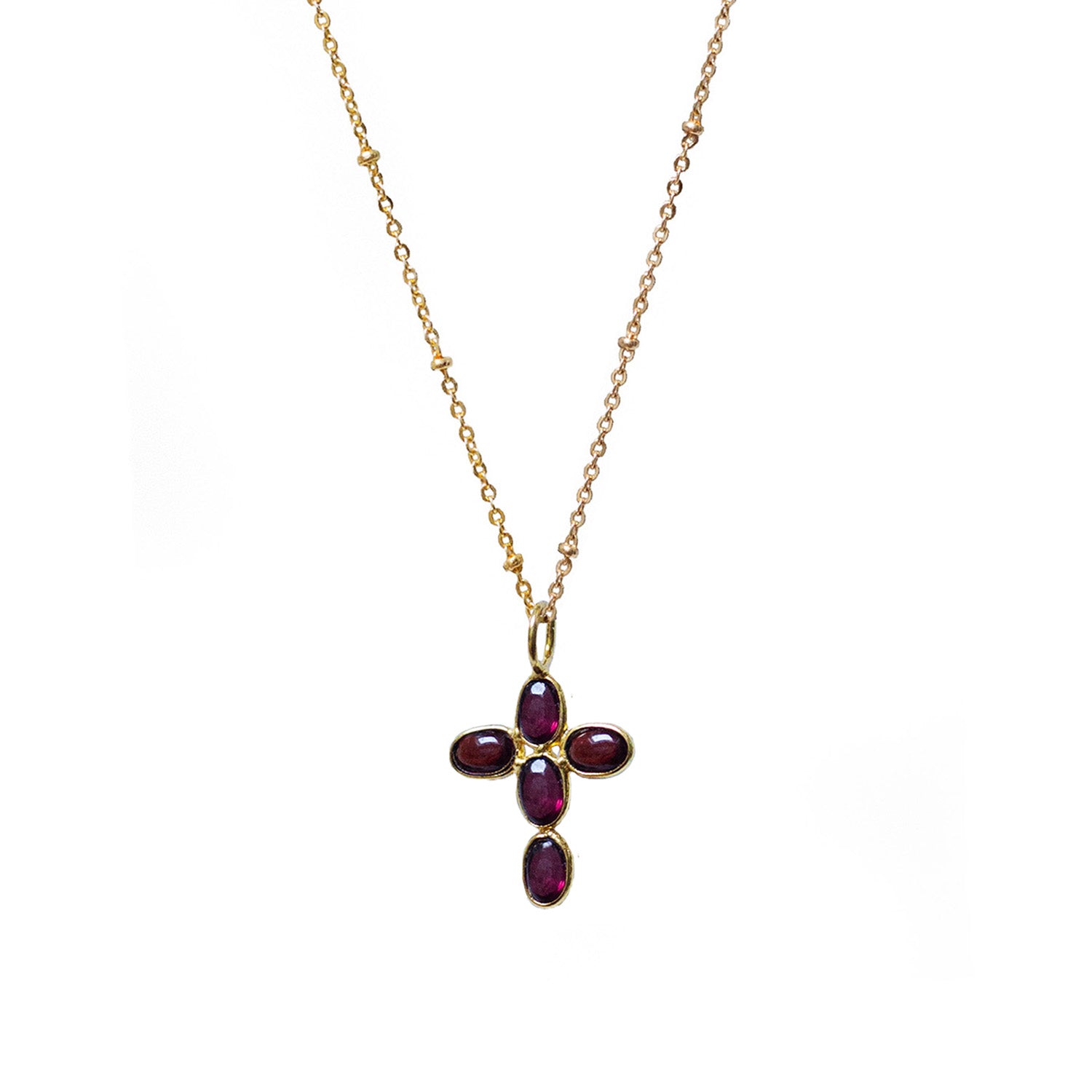 Small Cross Garnet On Short Garnet Rosary or Satellite chain